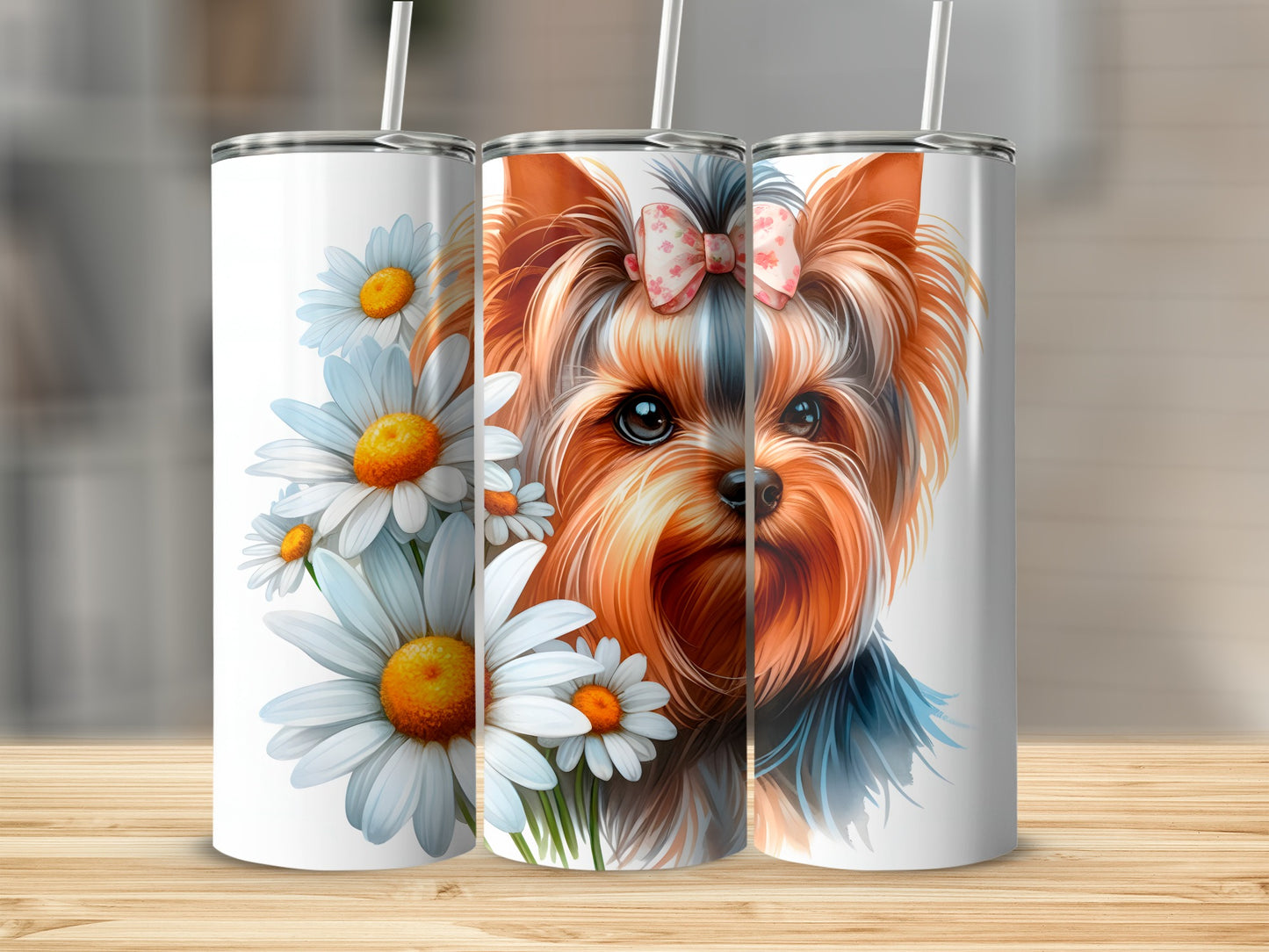 Yorkshire Terrier with daisies, pink bow on head, on a tumbler.