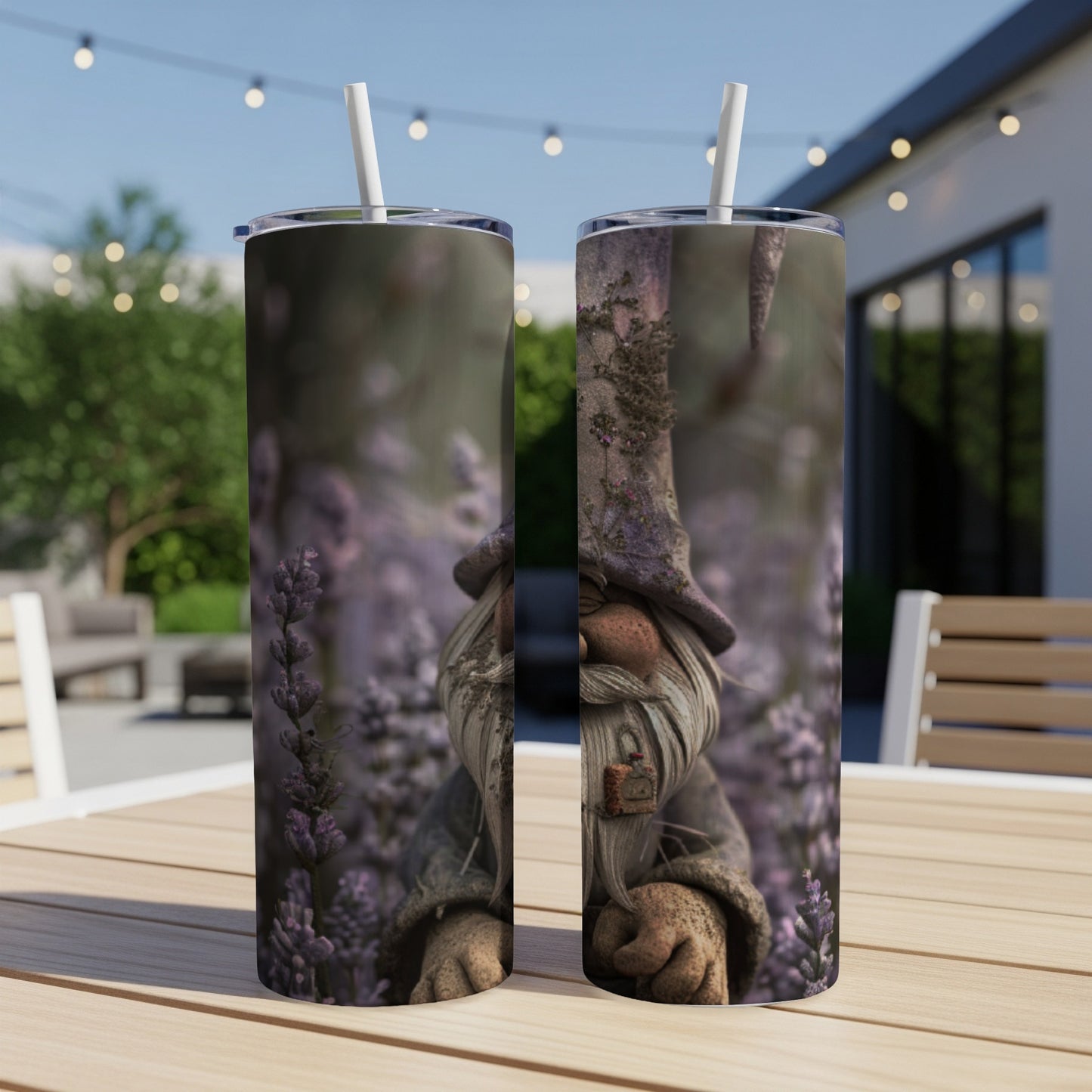 Two tumblers featuring a gnome with a pipe in a lavender field.