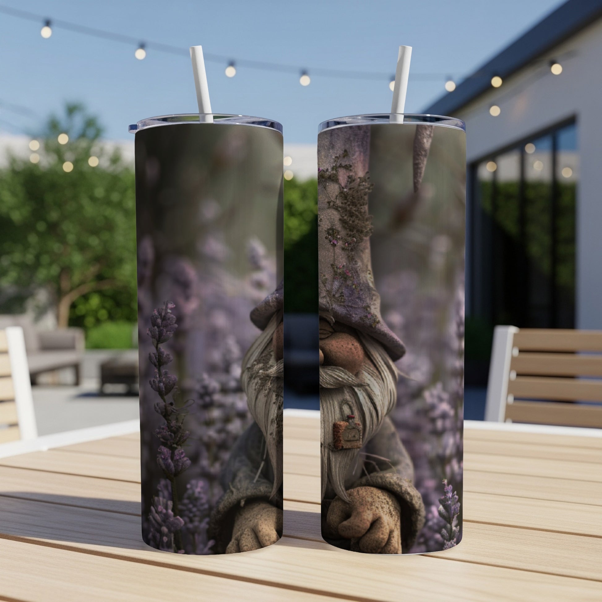Two tumblers featuring a gnome with a pipe in a lavender field.