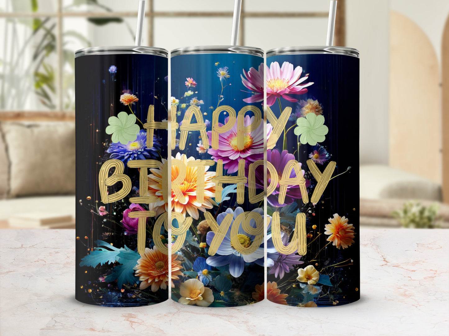 Happy Birthday To You floral tumbler with straws.