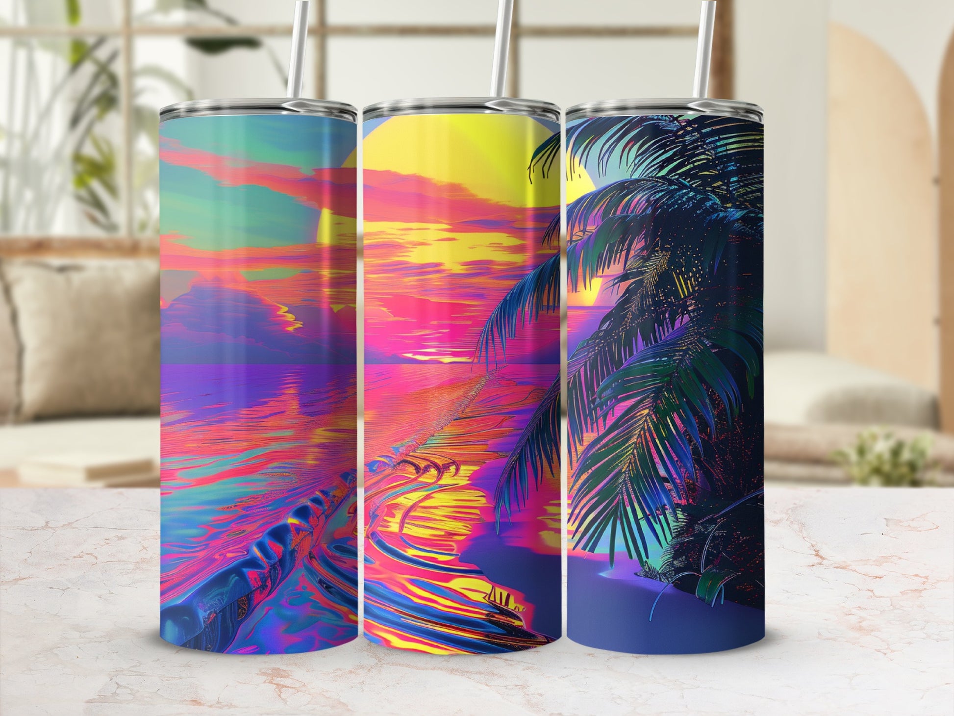 Three colorful sublimation tumblers with sunset beach scene and palm trees.