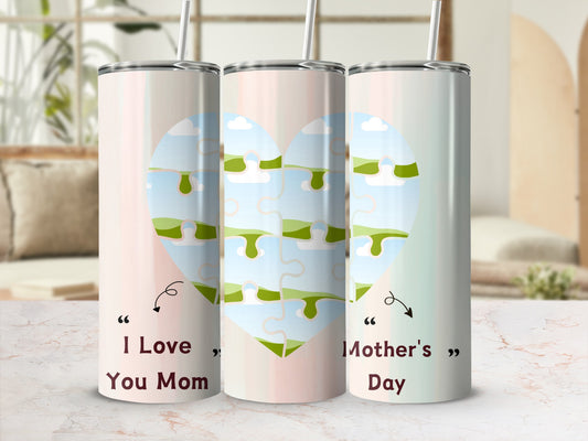 Tumblers with puzzle heart design: "I Love You Mom" and "Mother's Day".