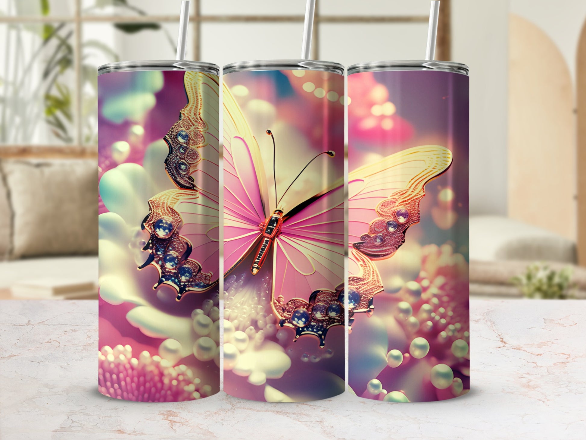 Pink butterfly with ornate wings and pearl accents on a floral background.
