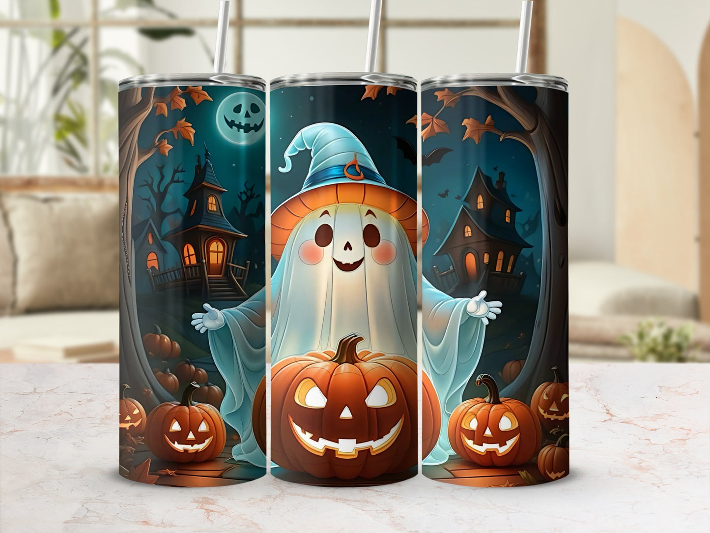 Halloween Ghost with Pumpkins Tumbler Cup