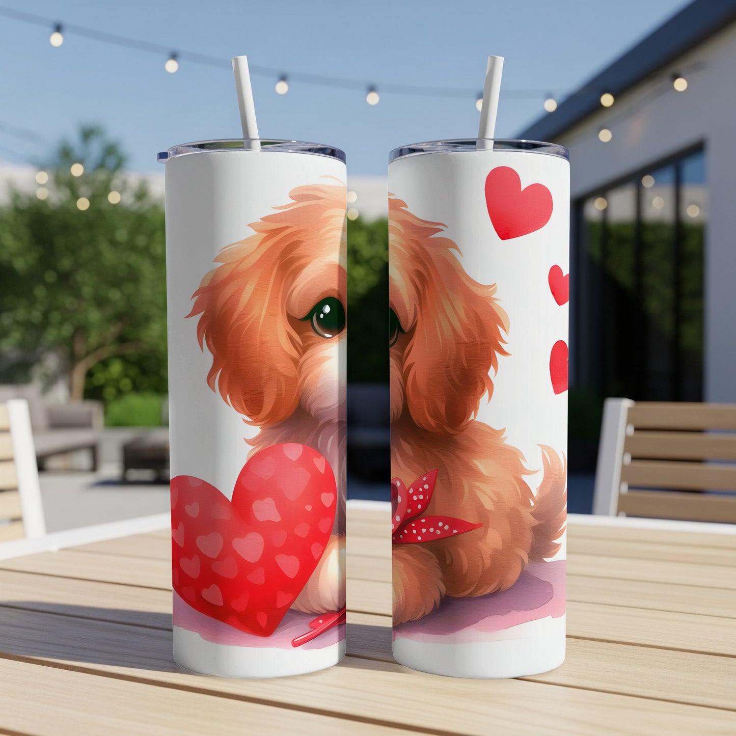 Fluffy dog holding a red heart and ribbon, white tumbler.