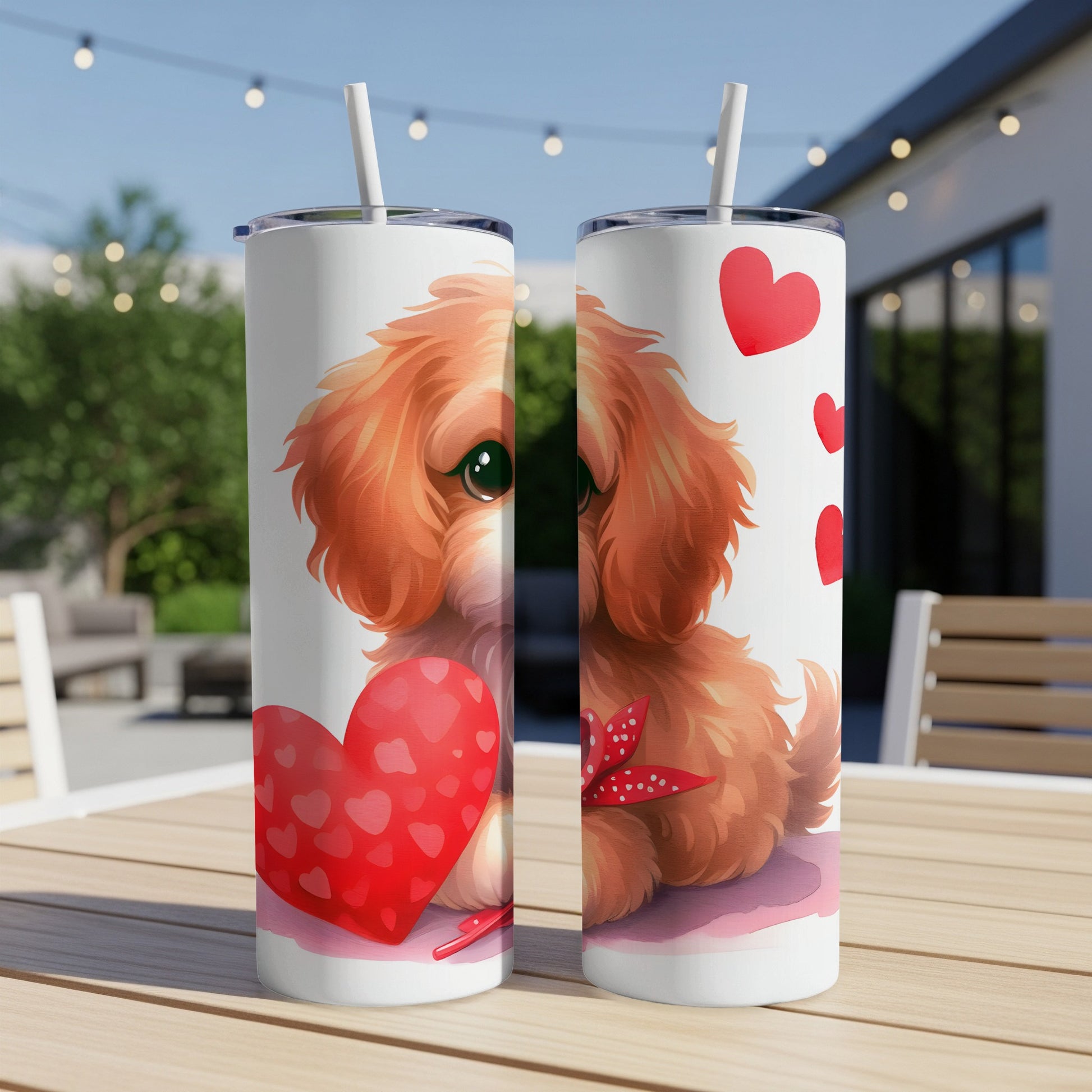 Fluffy dog holding a red heart and ribbon, white tumbler.