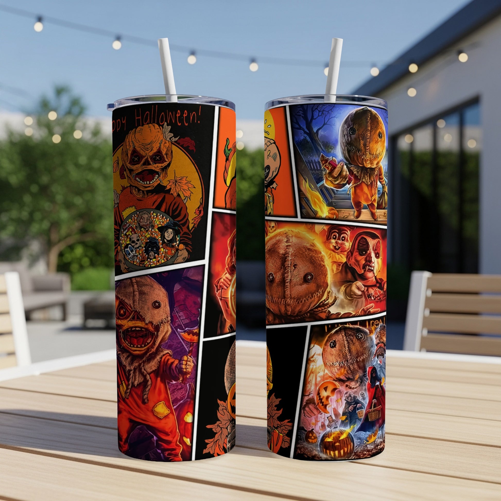 Halloween themed tumbler with comic panels featuring Sam and other spooky characters.