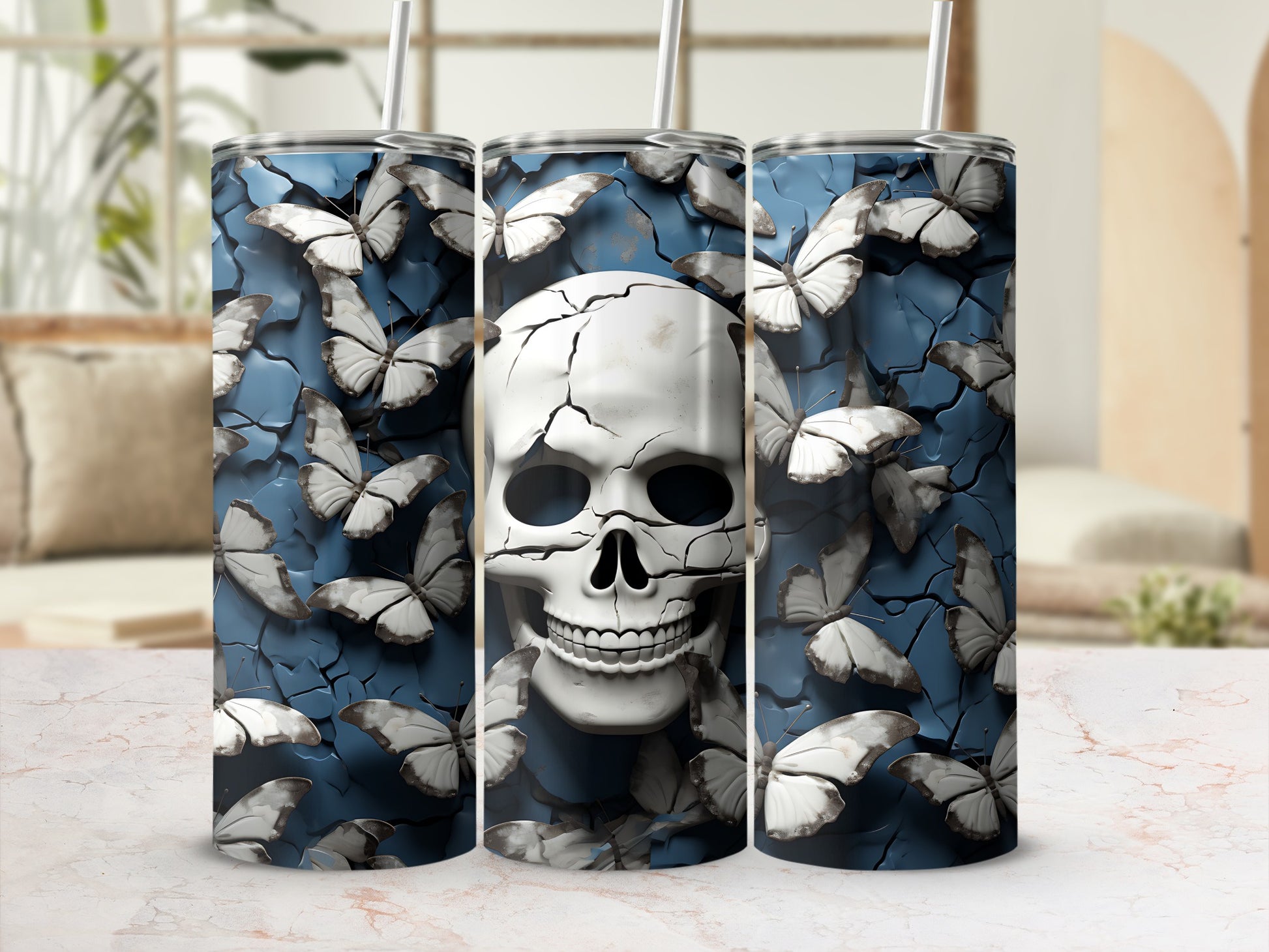 White cracked skull surrounded by white butterflies on a textured blue background.