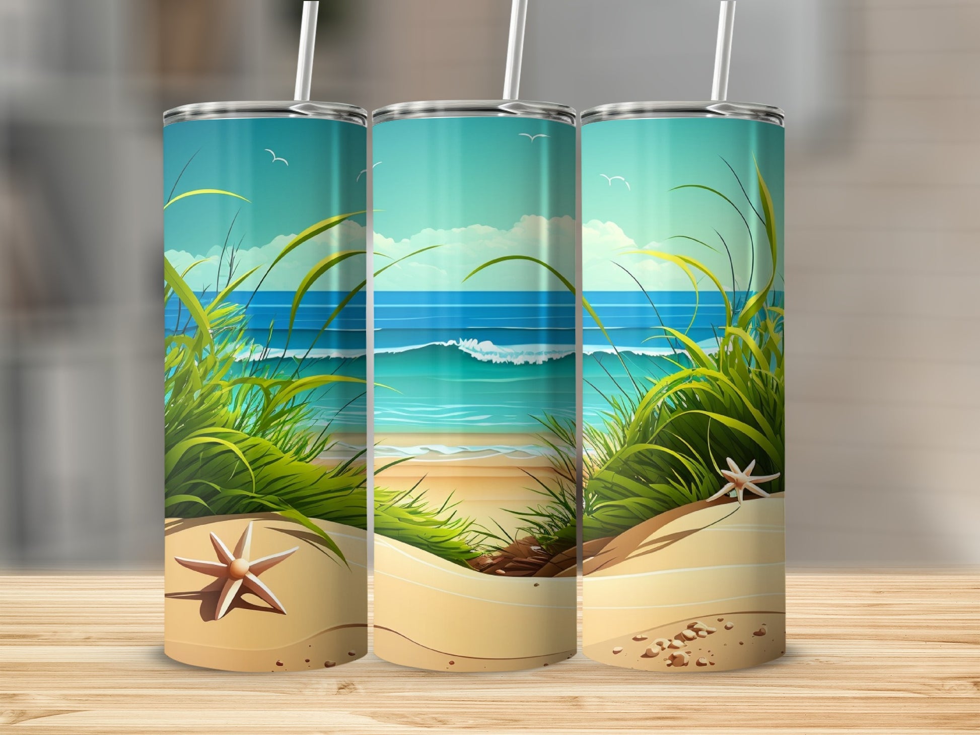 Beach Ocean Waves Starfish Sand Dunes Grass Sky Birds product type