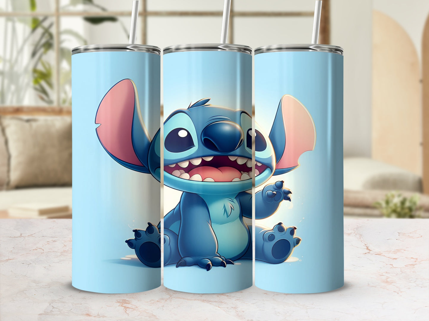 Three tall tumblers featuring Stitch from Disney's Lilo & Stitch smiling.