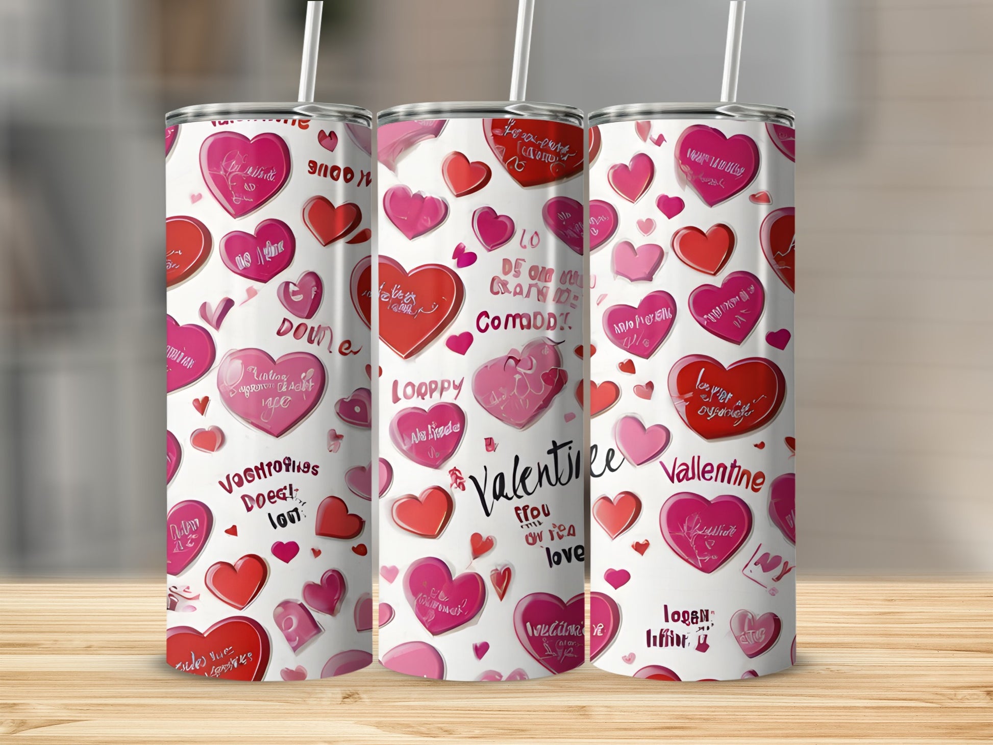 Three Valentine's Day tumblers with heart designs and handwritten text.