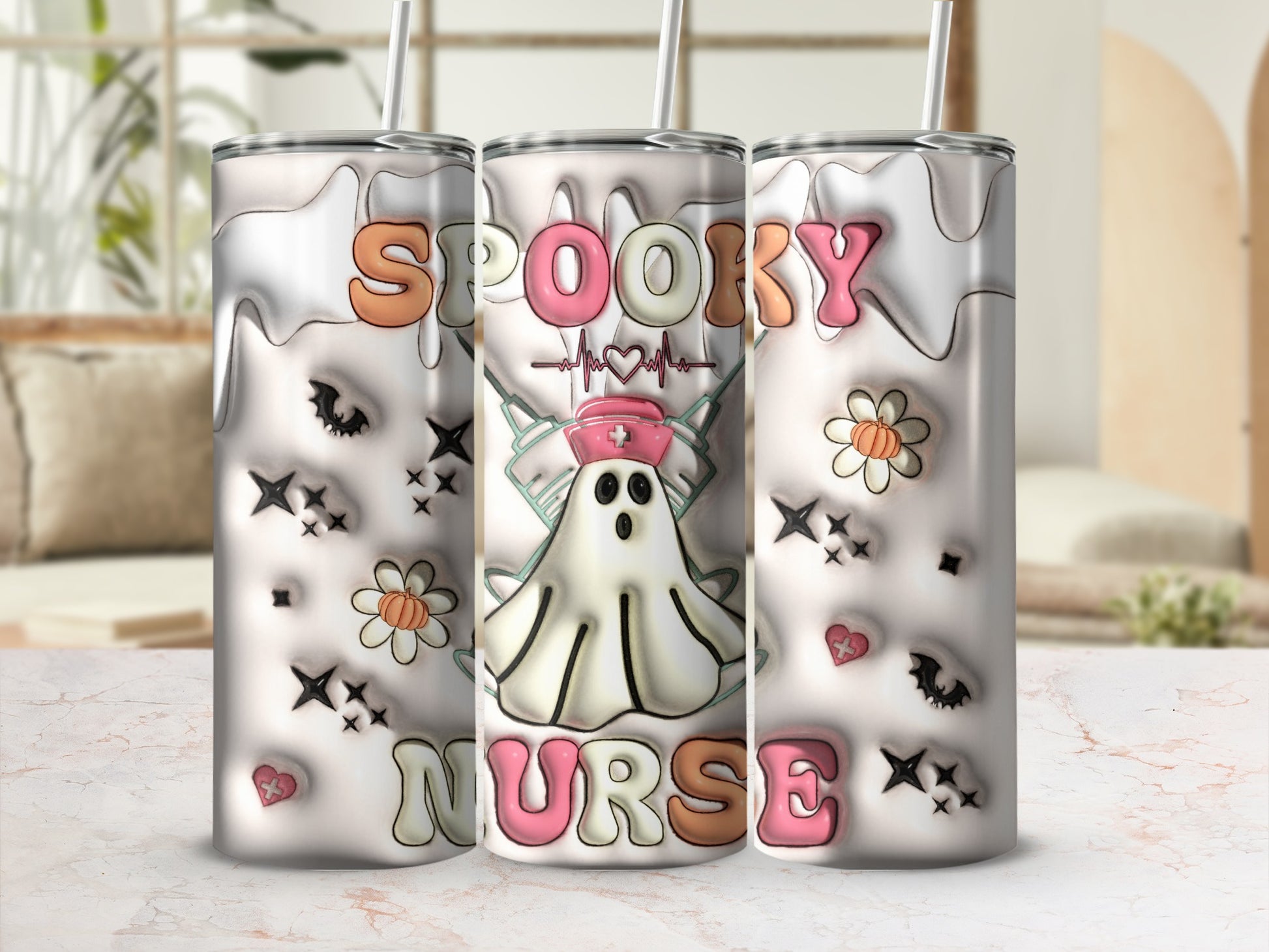 Spooky Nurse ghost design on a white tumbler with straws.