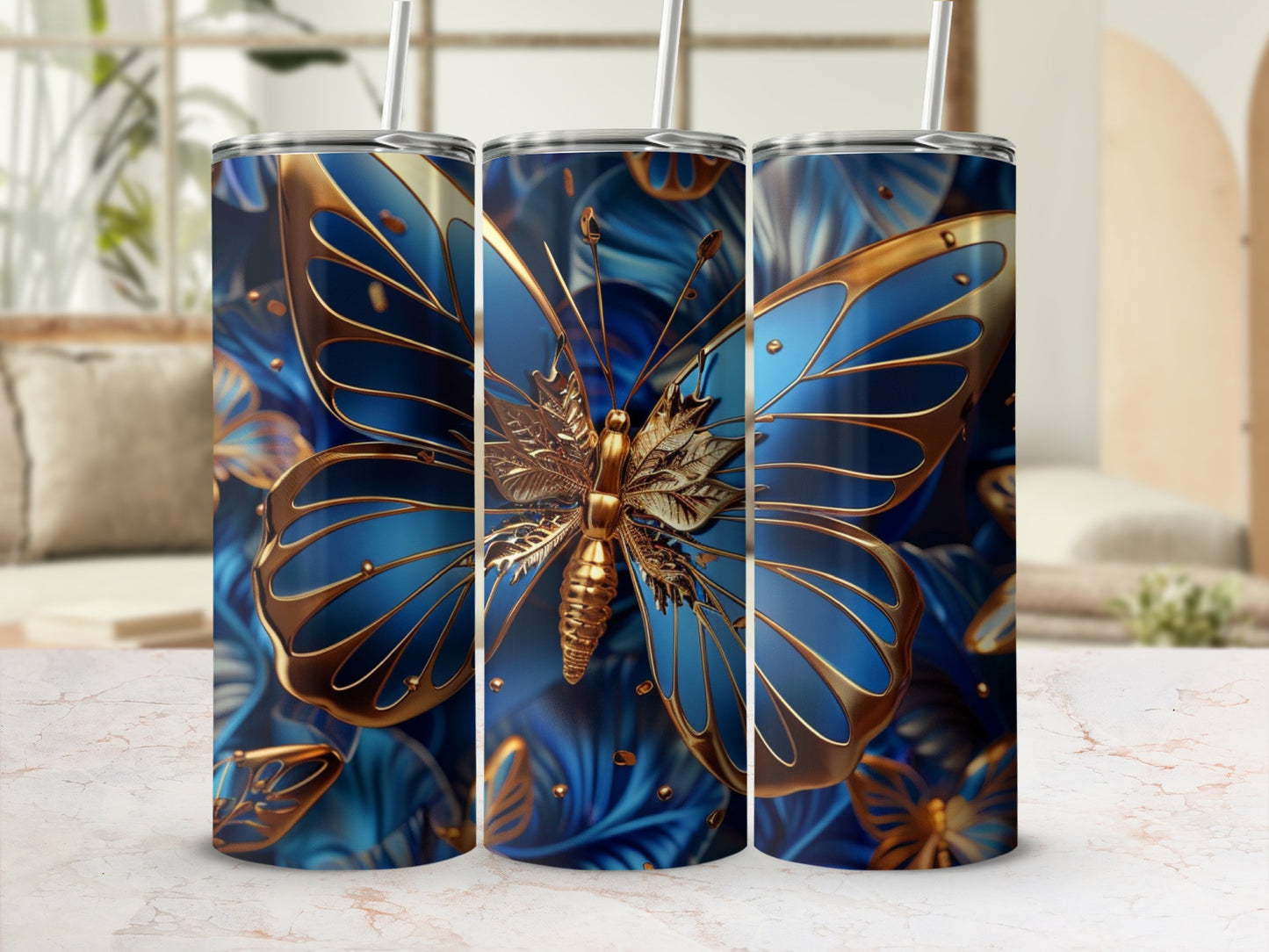 Blue and gold butterfly pattern on a tumbler with straws.