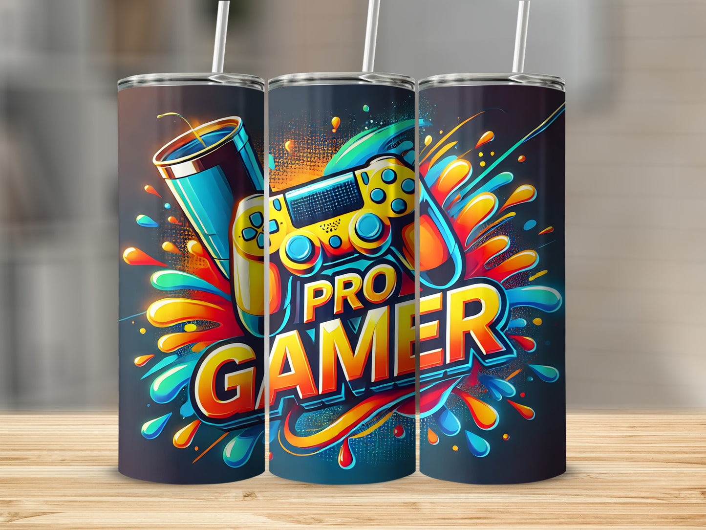 Three tumblers with "Pro Gamer" text and colorful controller graphics.