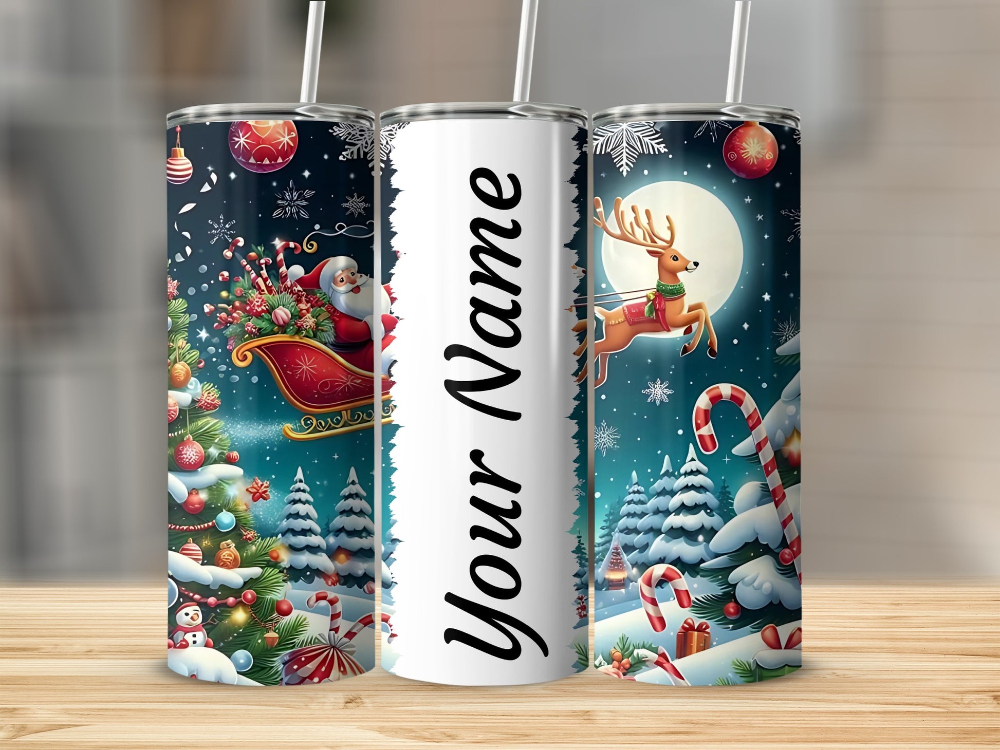 Personalized Santa and Reindeer Christmas Tumbler