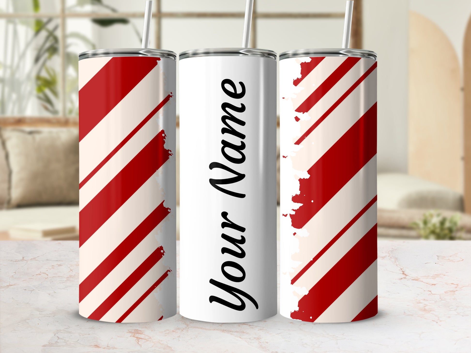 Personalized Candy Cane Stripe Design Tumbler Cups