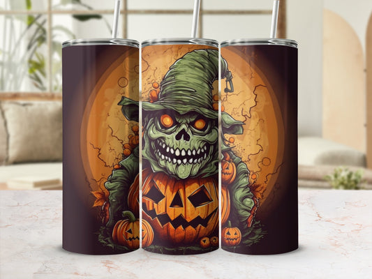 Halloween tumblers with a skull character wearing a witch hat and surrounded by pumpkins.