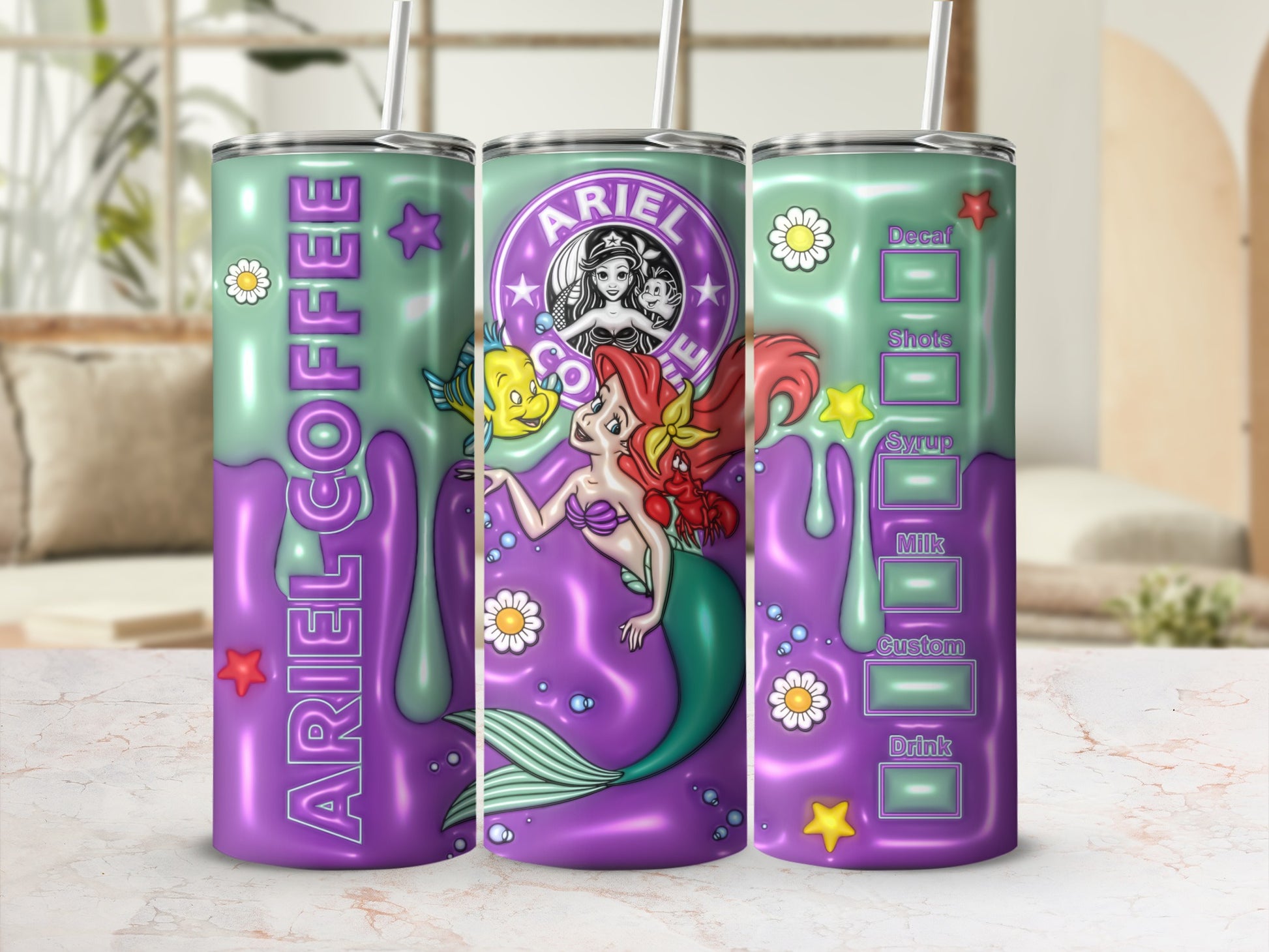 Ariel Coffee Mermaid Design Insulated Tumbler Cup
