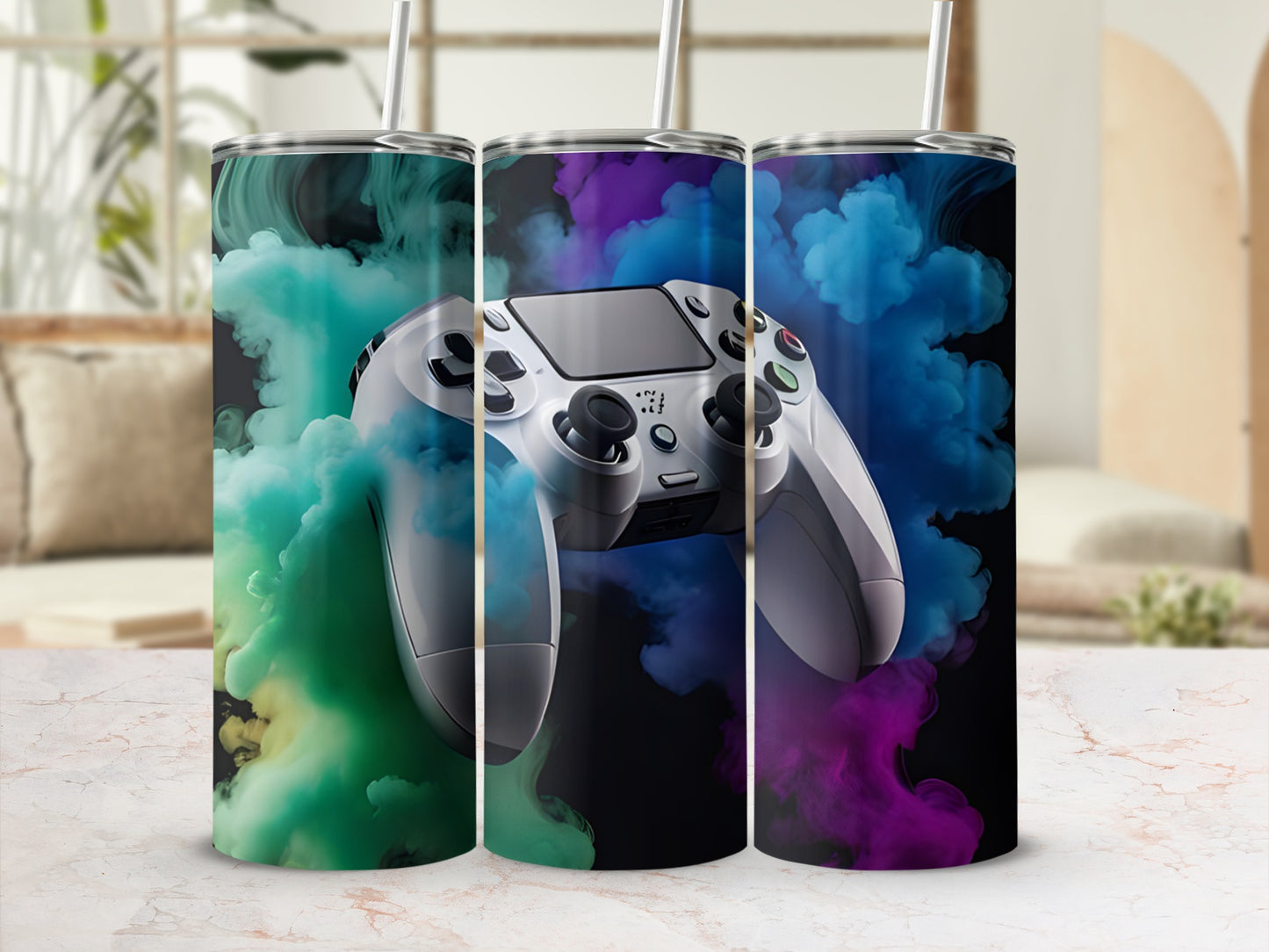 Three white gaming controllers emerging from colorful smoke.