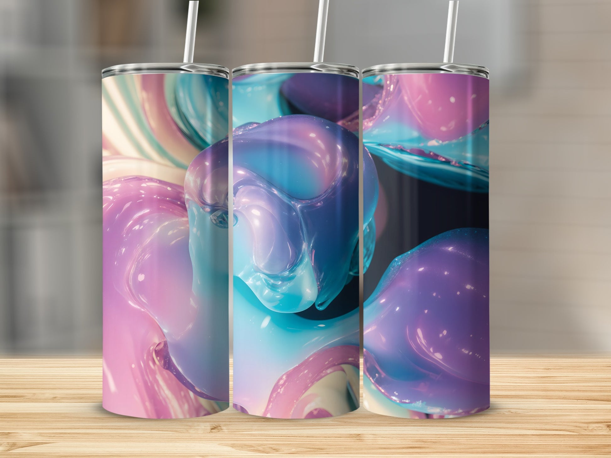 Three tumblers with swirling pink, blue, and purple abstract art.