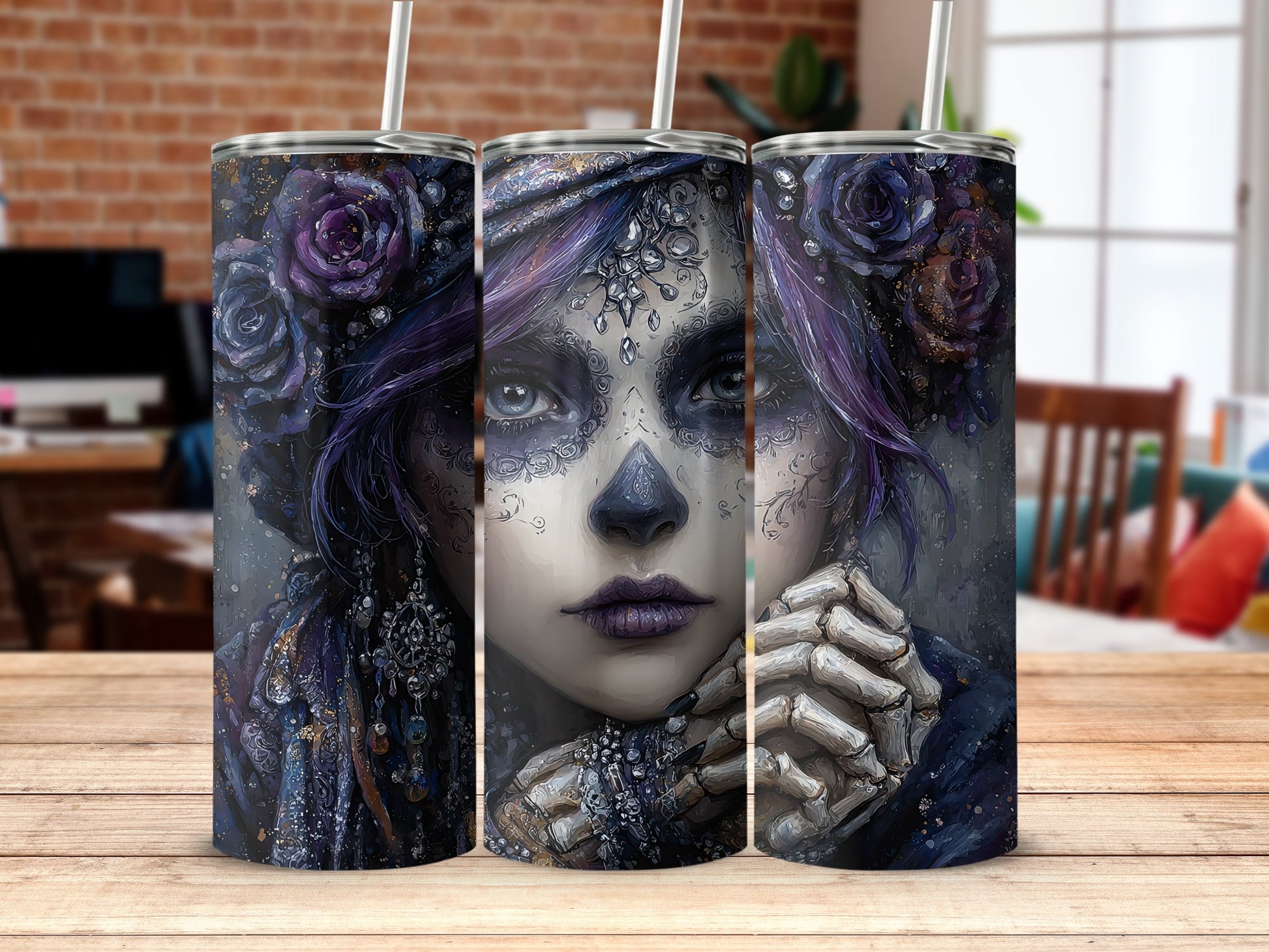 Dark Gothic Skull Art Tumbler with Rose Design