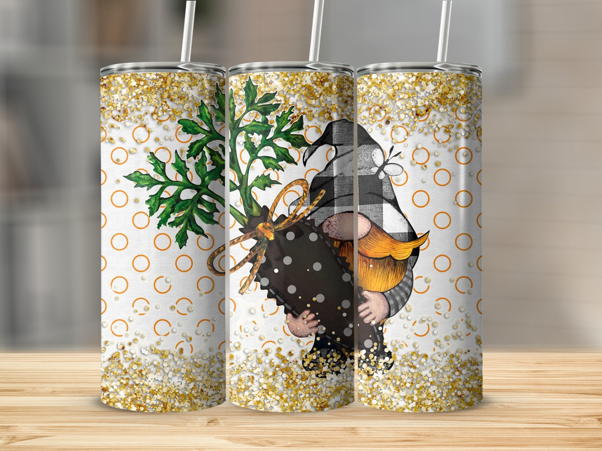 Gnome with orange polka dots, black buffalo plaid, holding a plant.