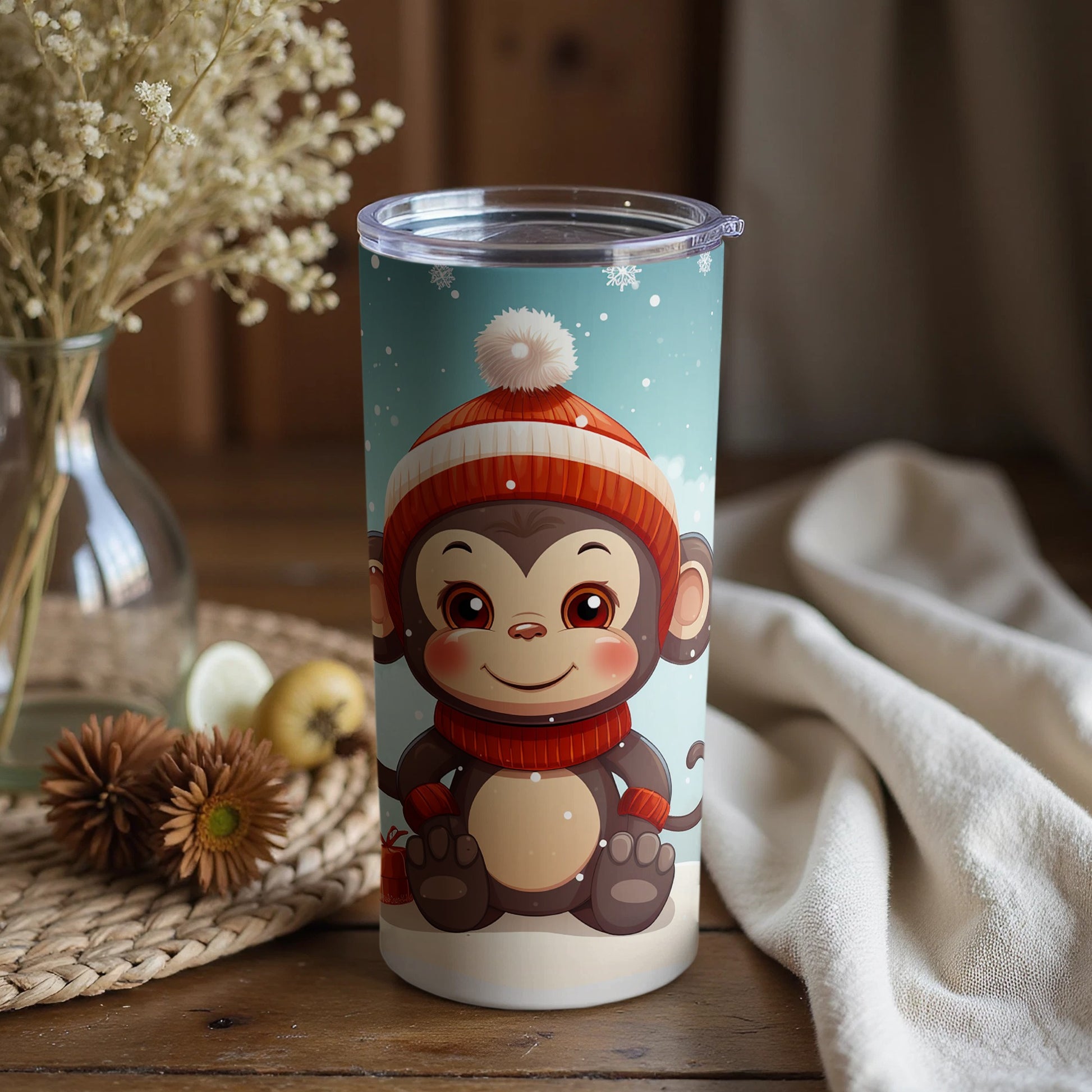 Cute Winter Monkey Design Insulated Tumbler Cup