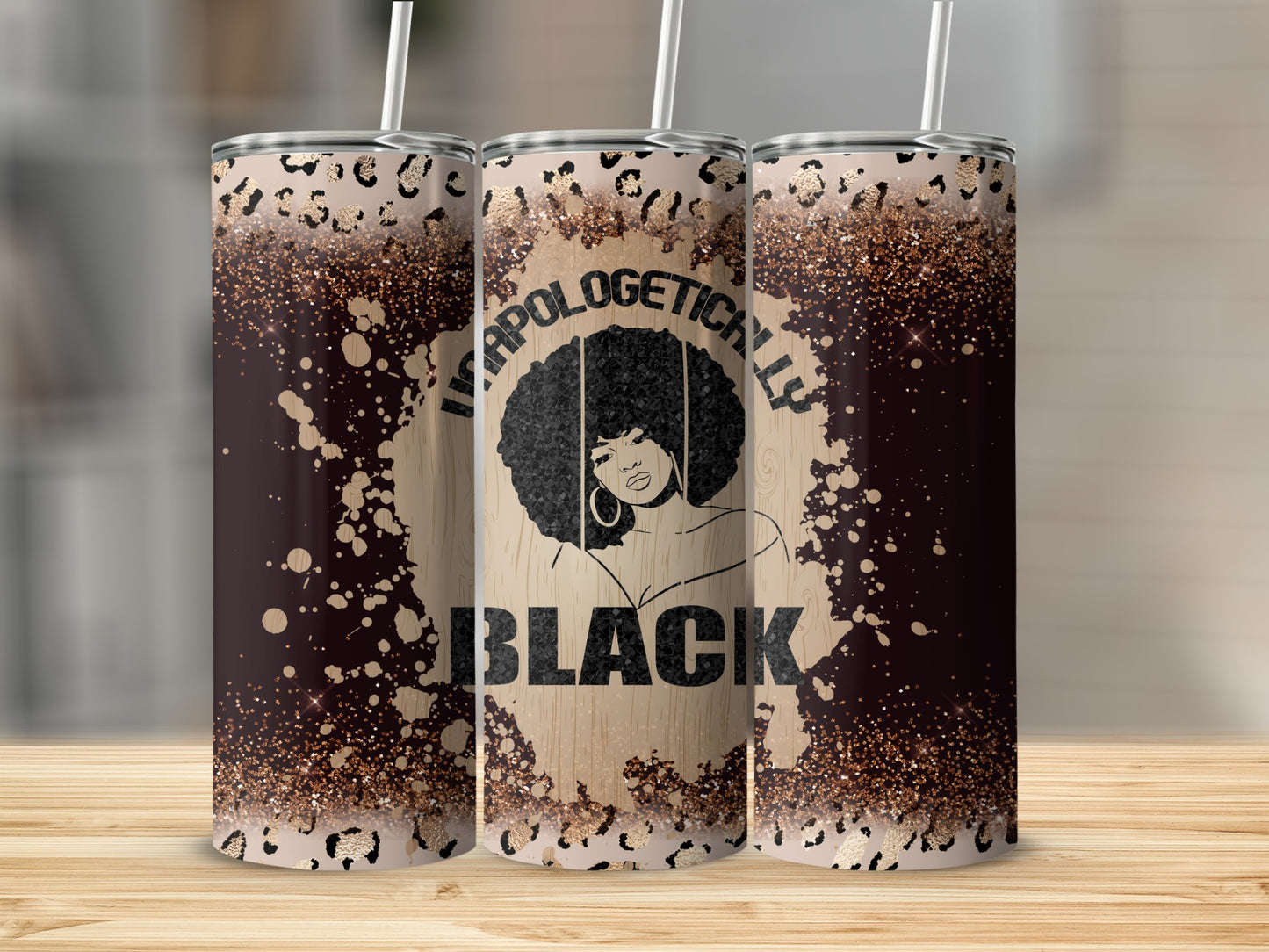 "APOLOGETICALLY BLACK" tumbler with afro silhouette and glitter design.