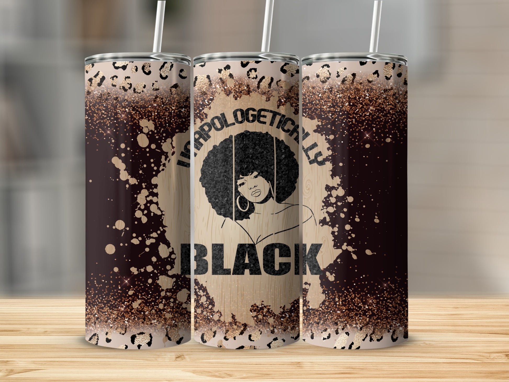 "APOLOGETICALLY BLACK" tumbler with afro silhouette and glitter design.