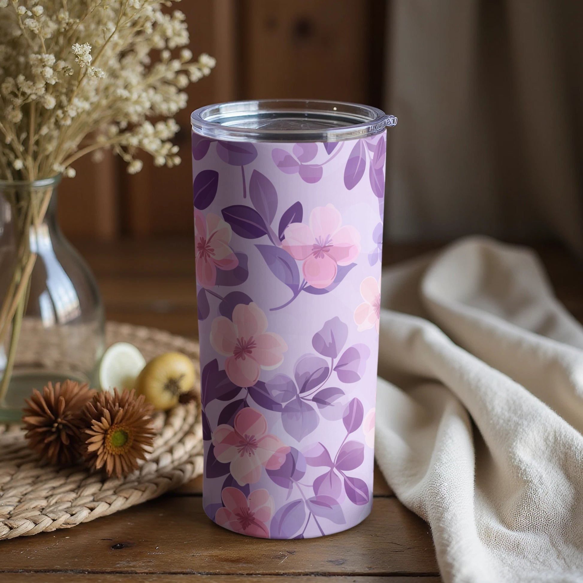 Purple and Pink Floral Patterned Tumbler
