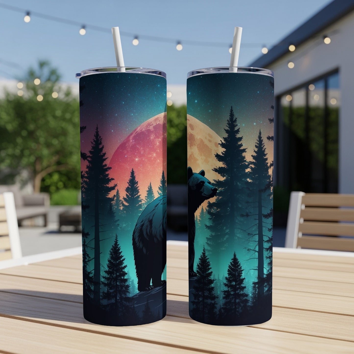 Bear in forest under a large moon, silhouette trees, teal and pink sky.