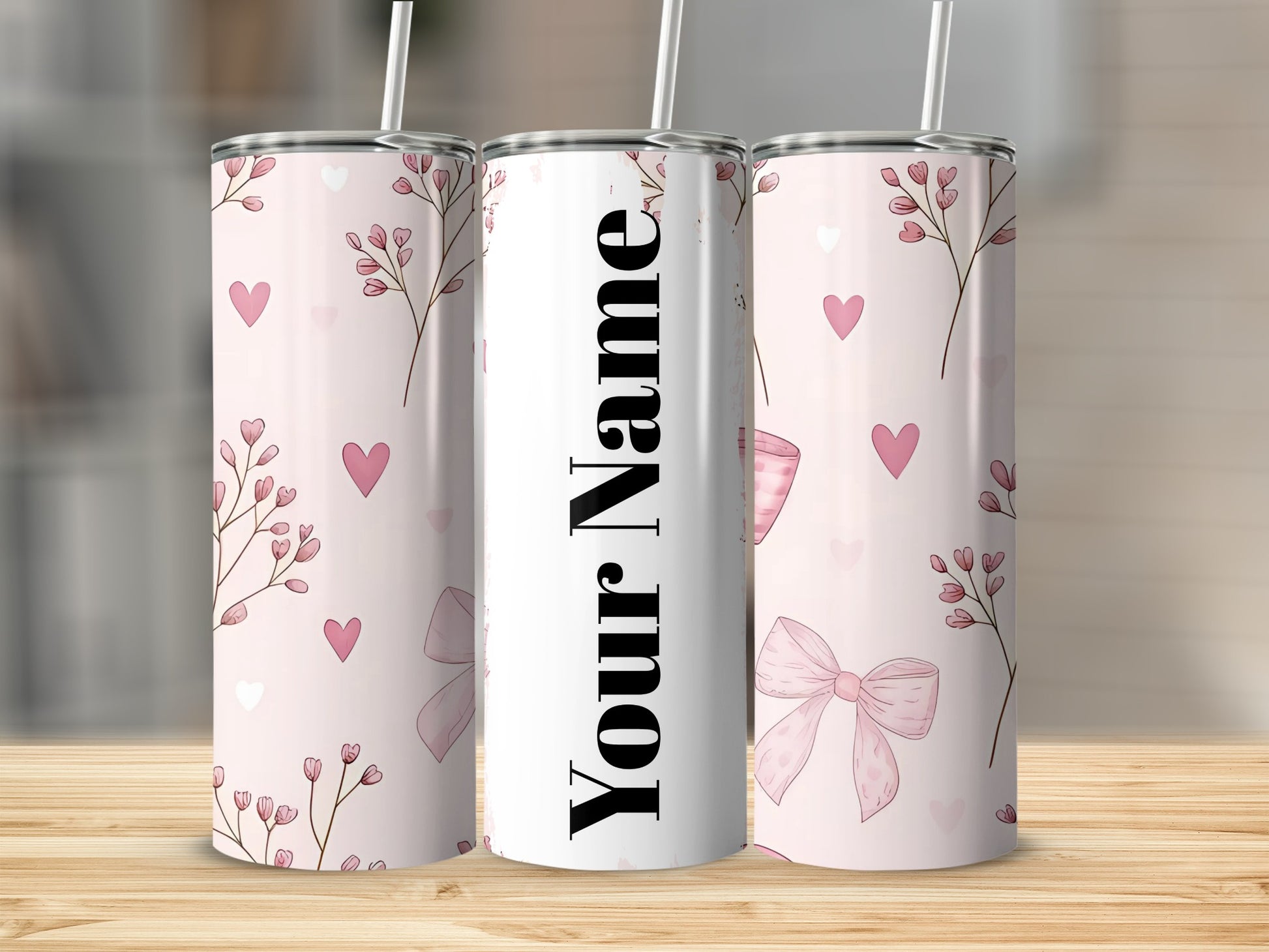 Personalized Pink Floral Hearts Your Name Tumbler