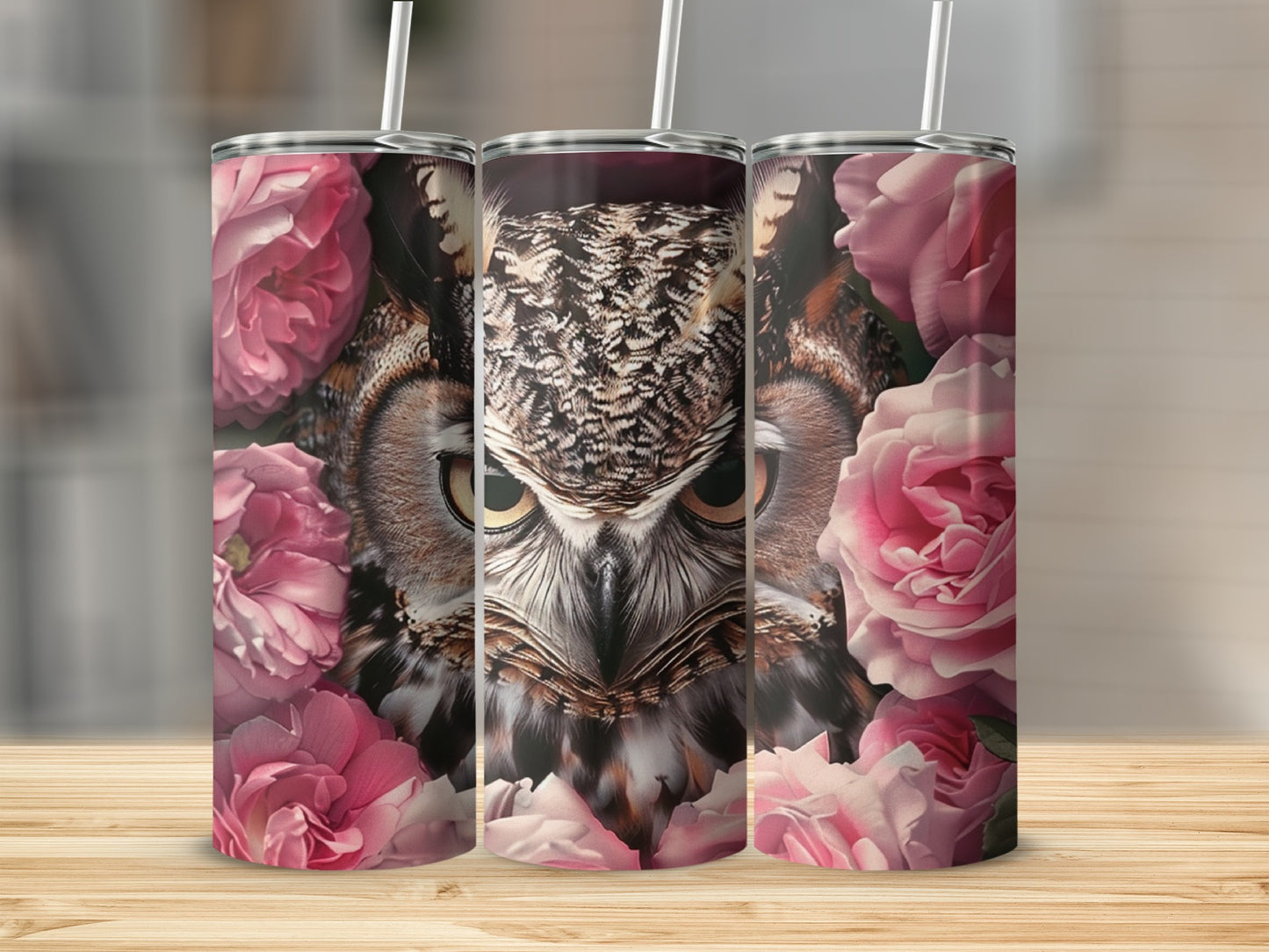 Three tumblers featuring a great horned owl surrounded by pink roses.