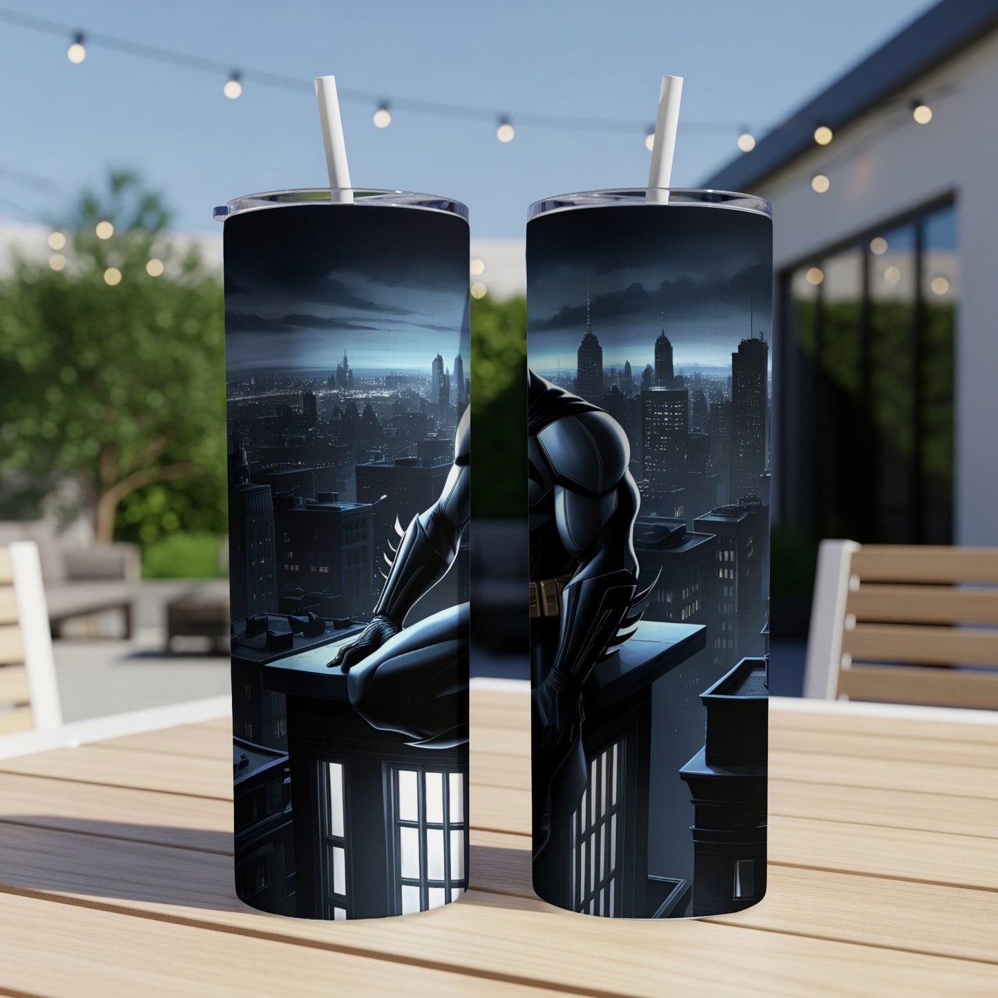 Batman crouched on a rooftop overlooking a city at night.