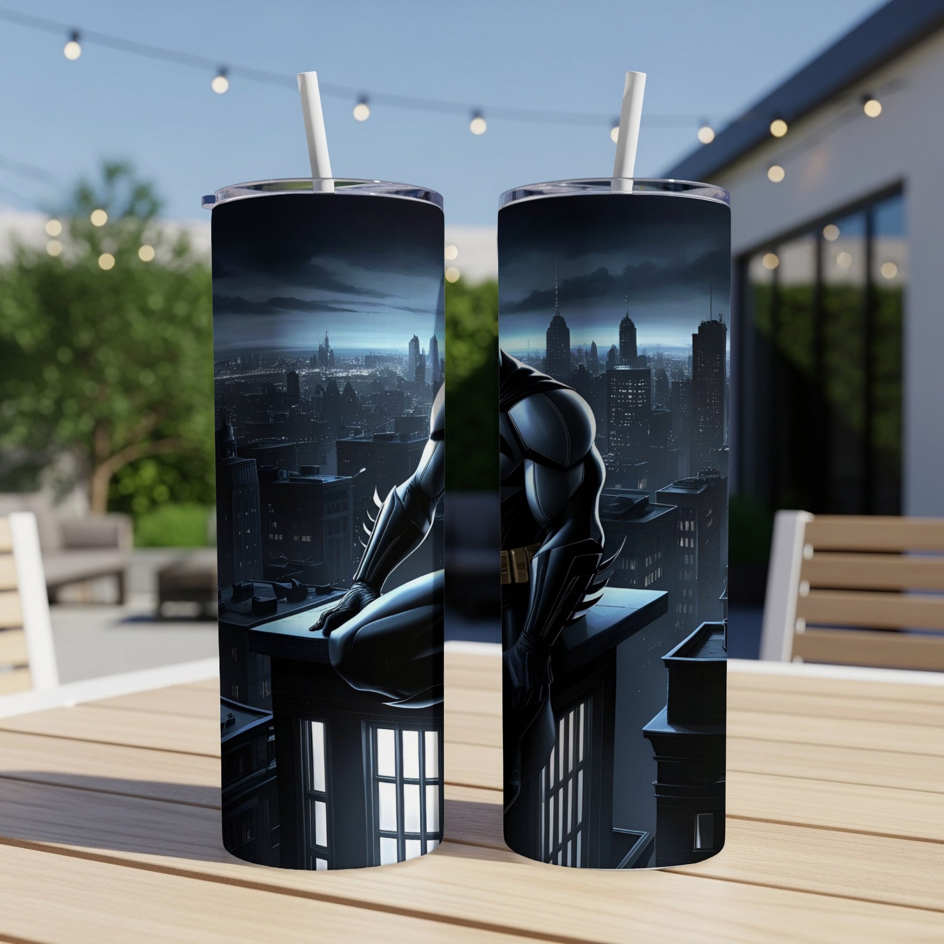 Batman crouched on a rooftop overlooking a city at night.