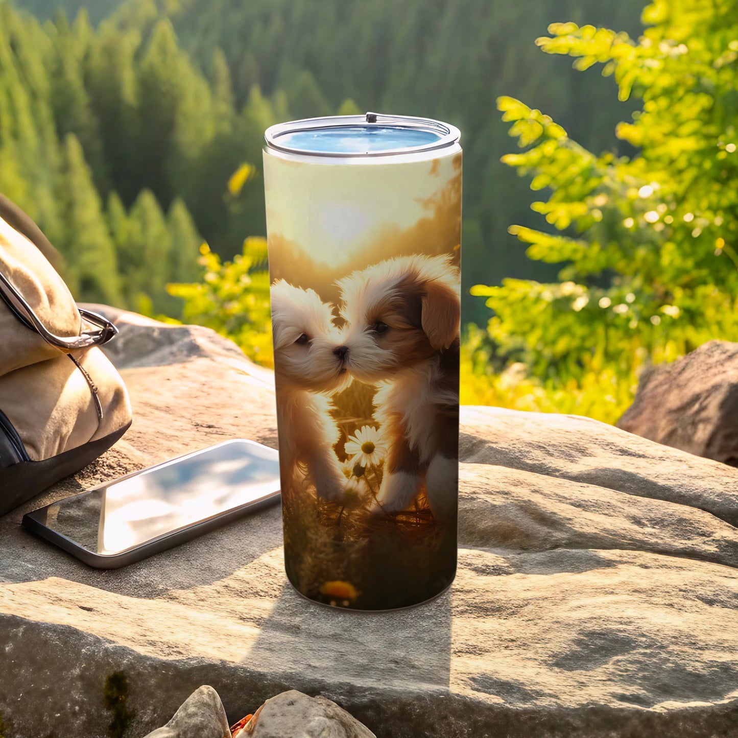 Adorable Puppy Love Daisies Sunset Meadow Scene Drinkware product type
Puppy, Dog, Cute dogs, Pups, Dog art, Sunset, Meadow, Daisies, Nature, Outdoors, Sunlight, Golden hour, Scenic, Kissing, Love, Adorable, Sweet, Pet love, Tumbler, Drinkware