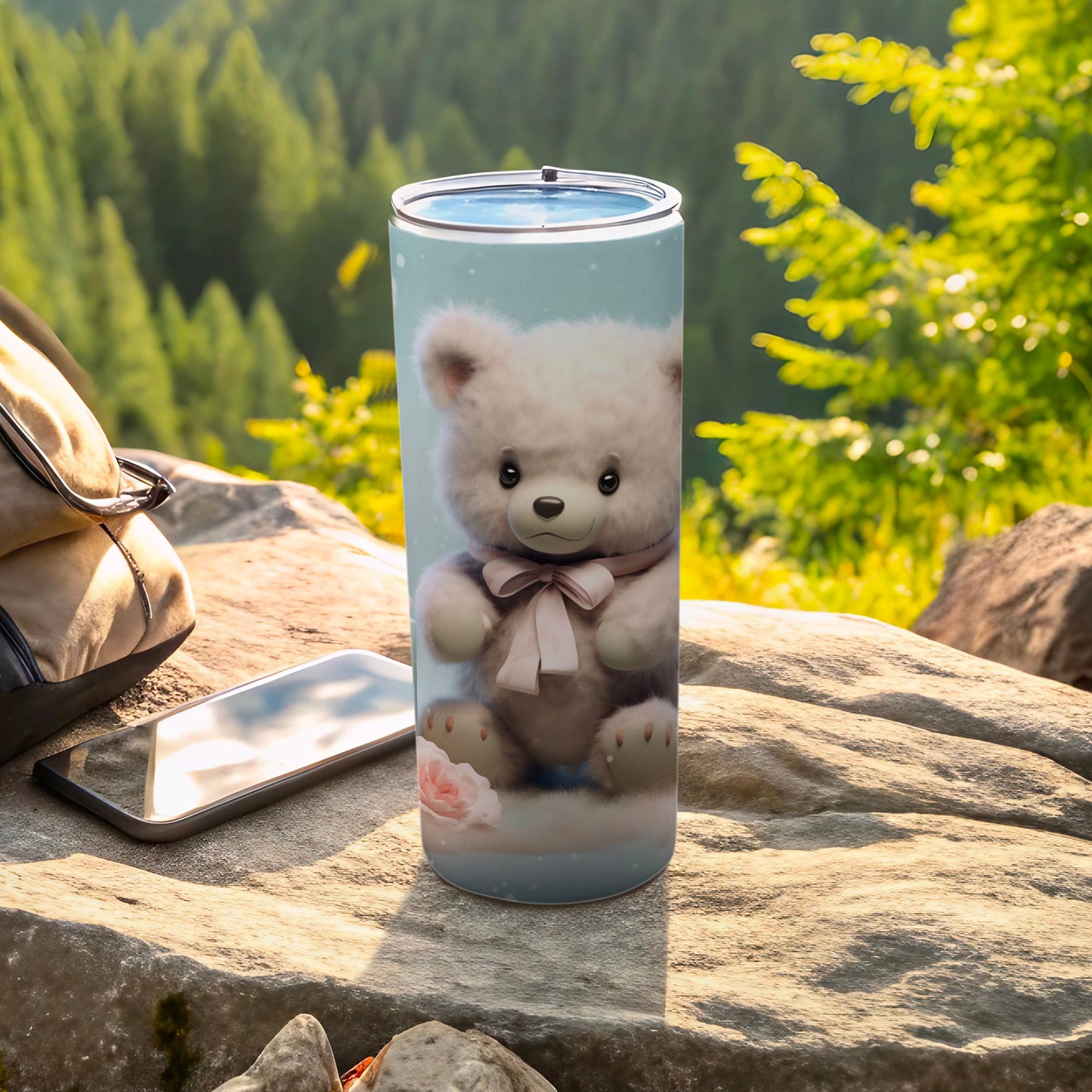 Cute Fluffy White Teddy Bear Pink Bow Light Blue Tumbler product type