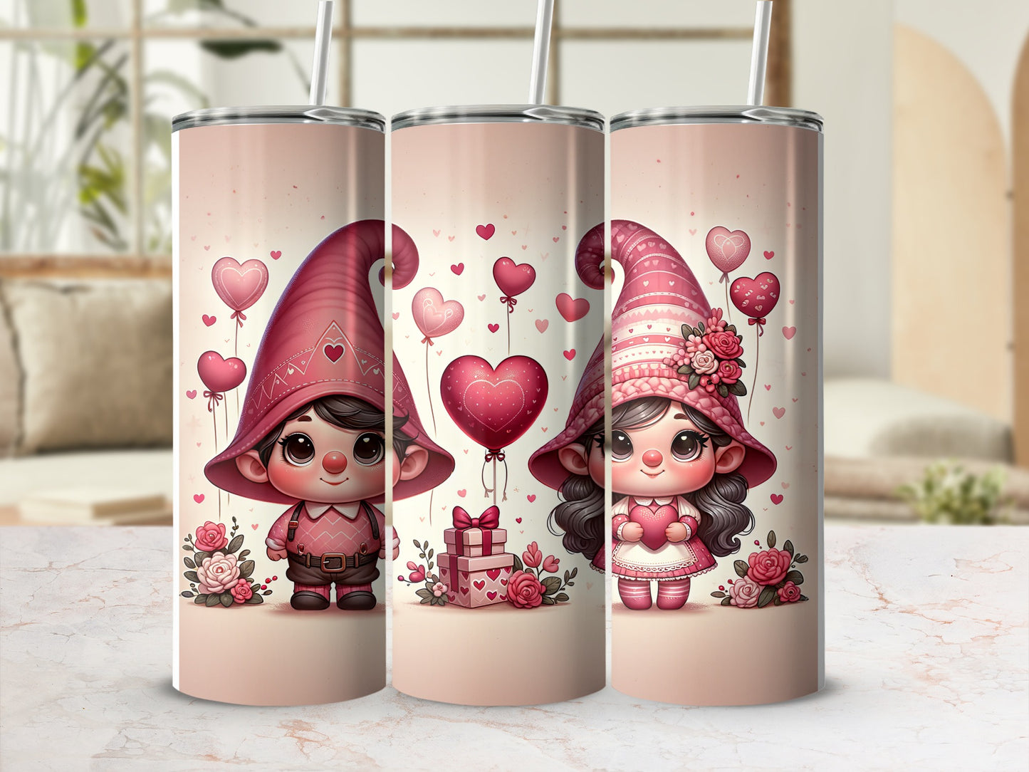 Two gnomes with hearts and bows on pink tumblers, gift box between them.