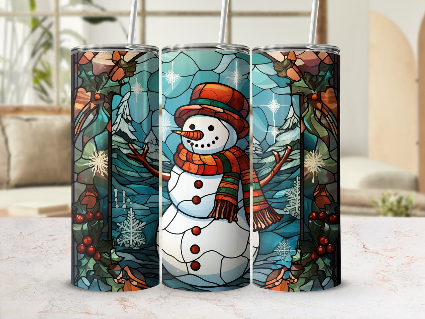 Snowman in stained glass design with red scarf and hat, winter scene.