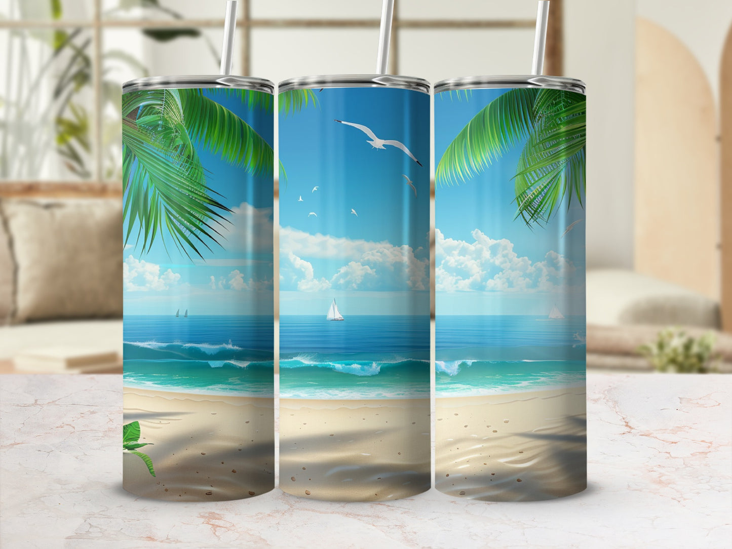 Beach scene with palm trees and sailboat wraps around three tumblers.