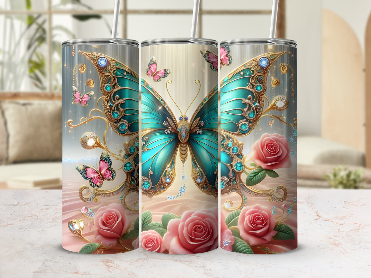Three tumblers adorned with ornate butterflies and pink roses.