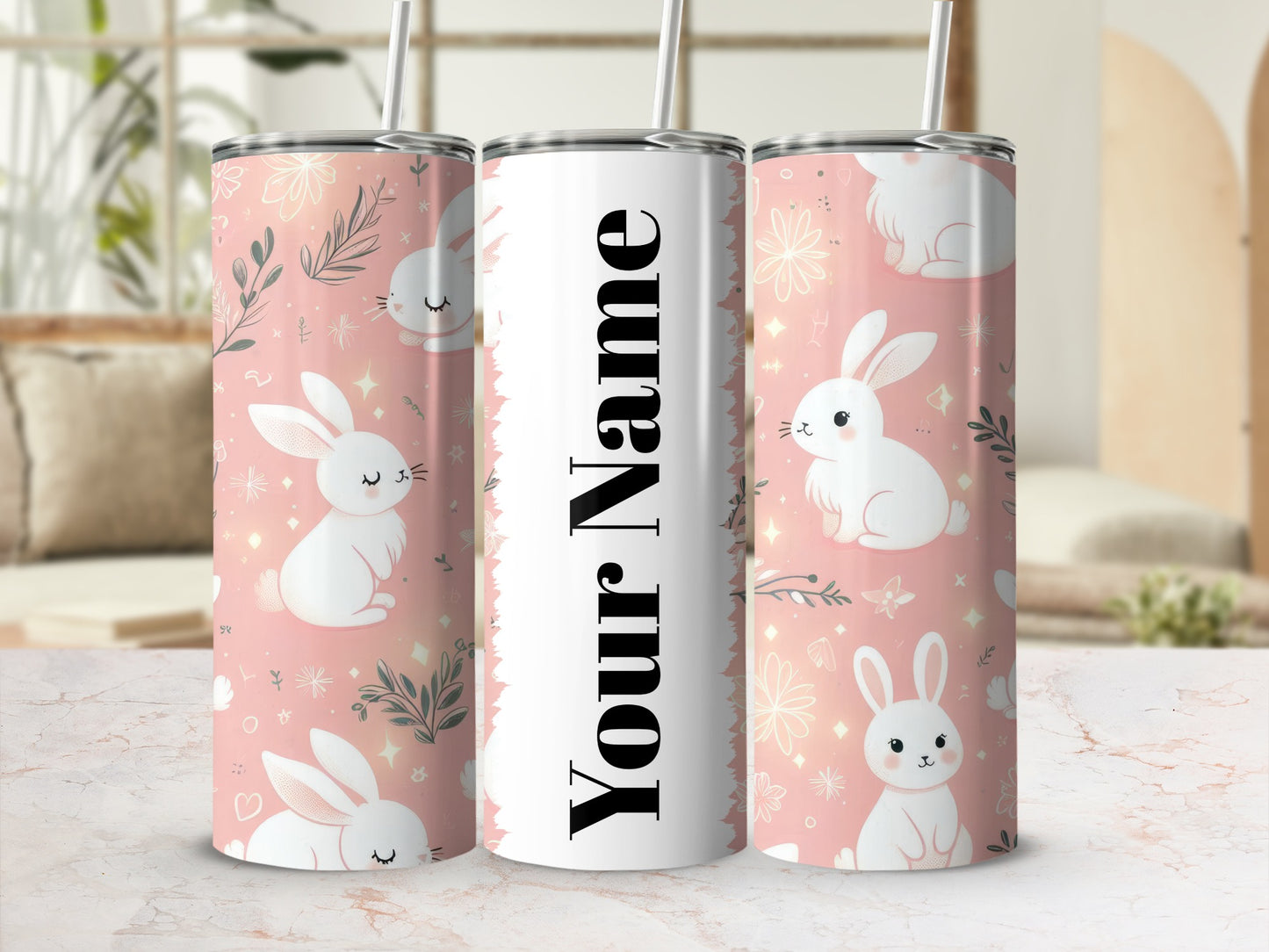 Customizable Bunny Design Tumbler with Straw Cup