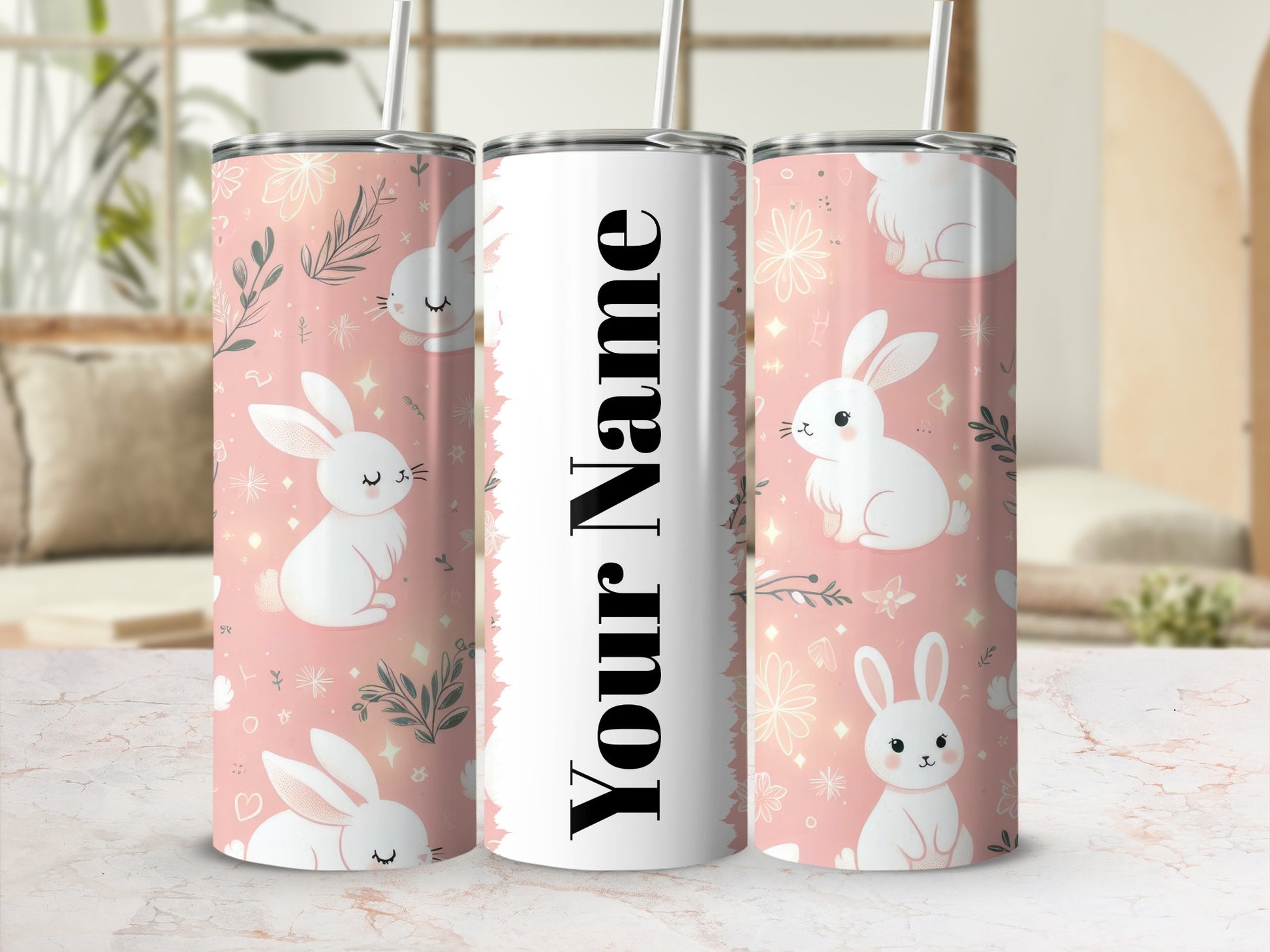Customizable Bunny Design Tumbler with Straw Cup