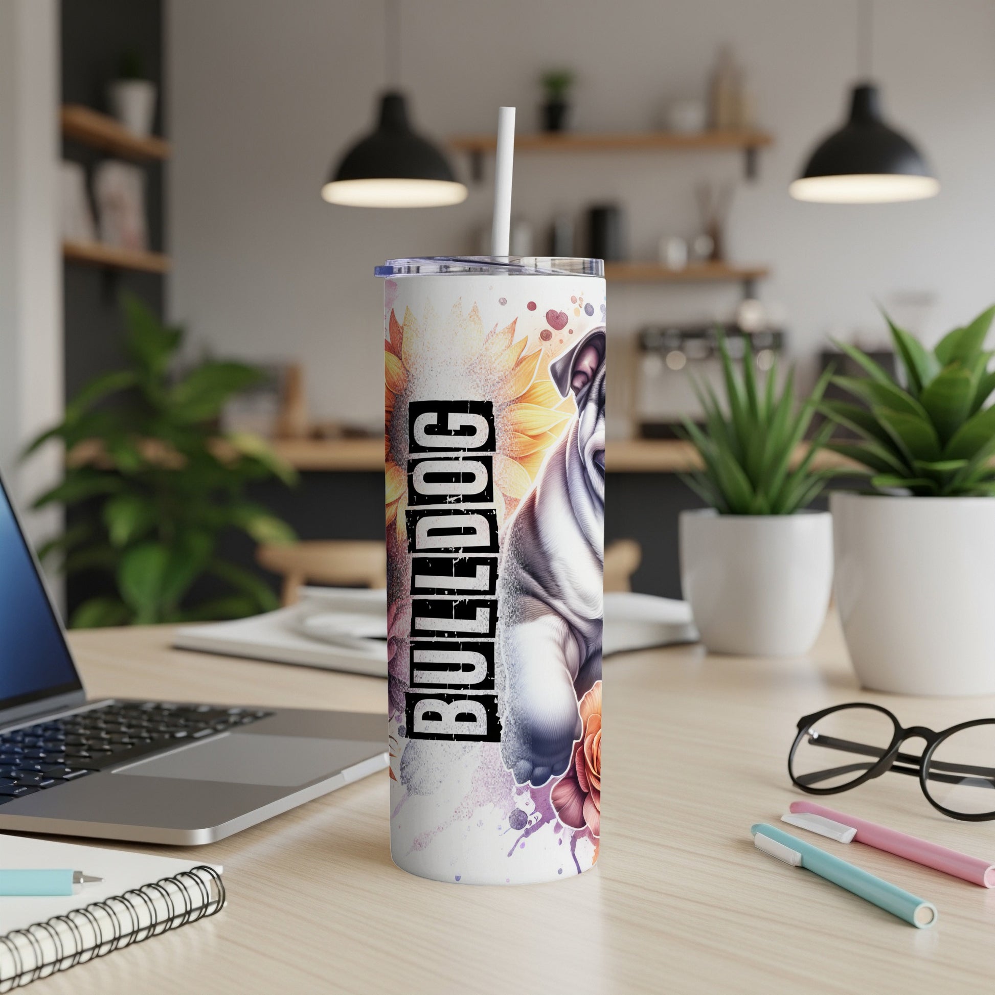 Bulldog with sunflower and floral accents on a white tumbler.