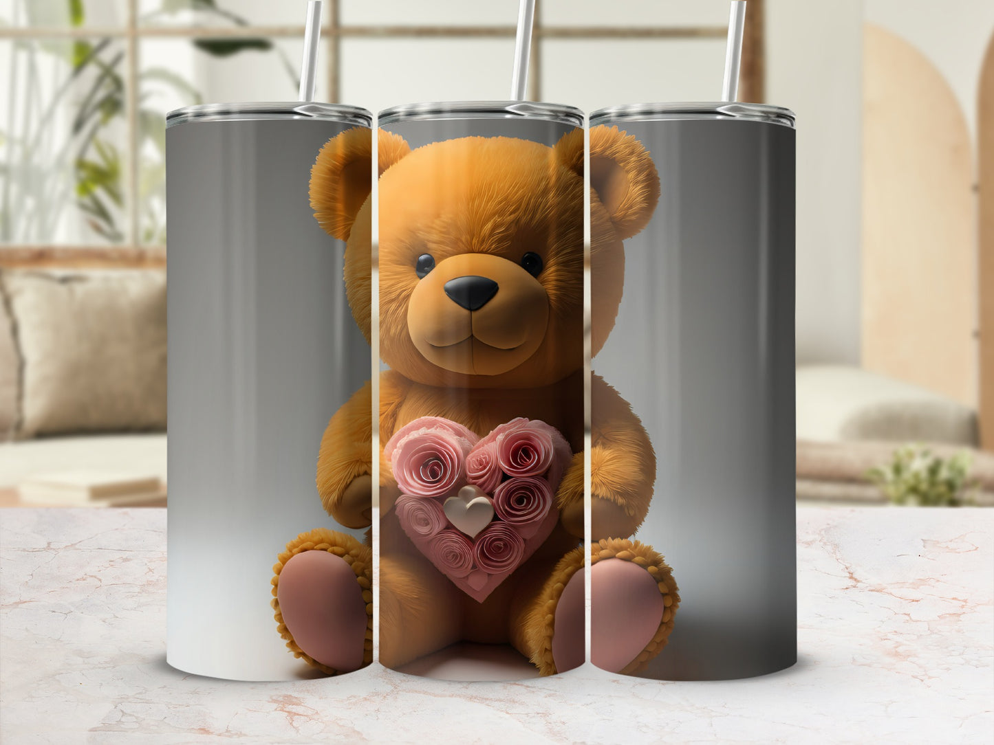Cute Teddy Bear with Pink Roses Design Tumbler