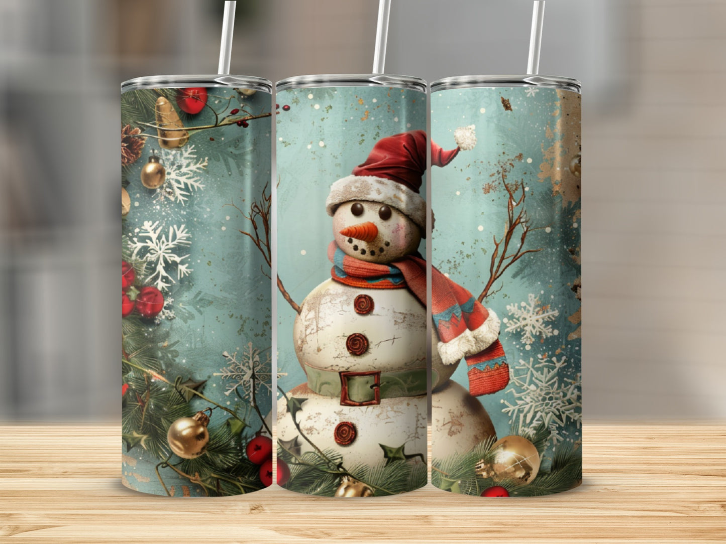 Snowman in Santa hat with scarf, surrounded by Christmas ornaments and snowflakes.