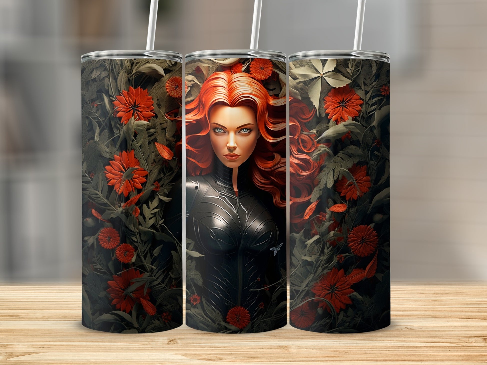 Striking Red Haired Woman with Floral Design Tumbler