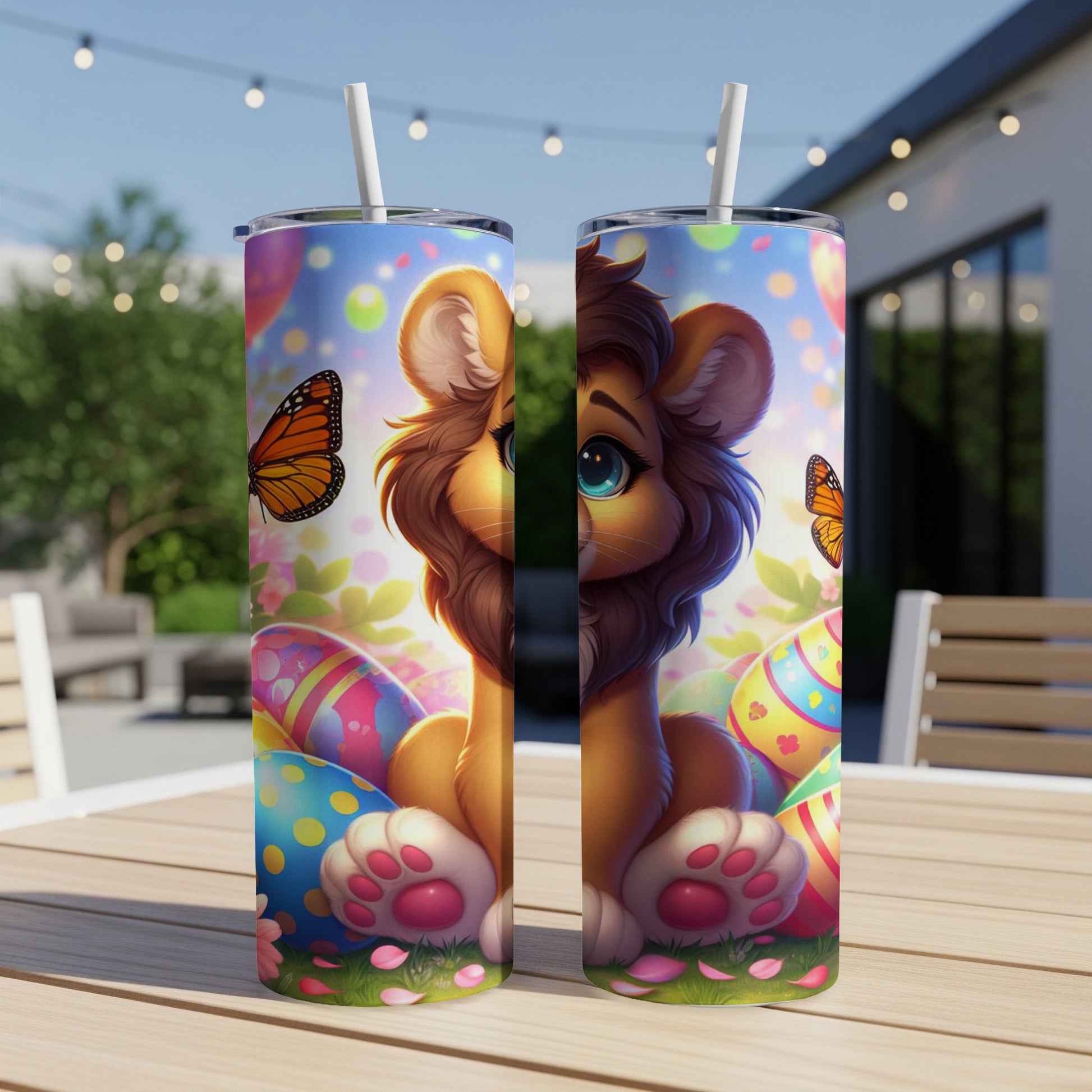 Cute cartoon lion with butterfly and Easter eggs on a tumbler.