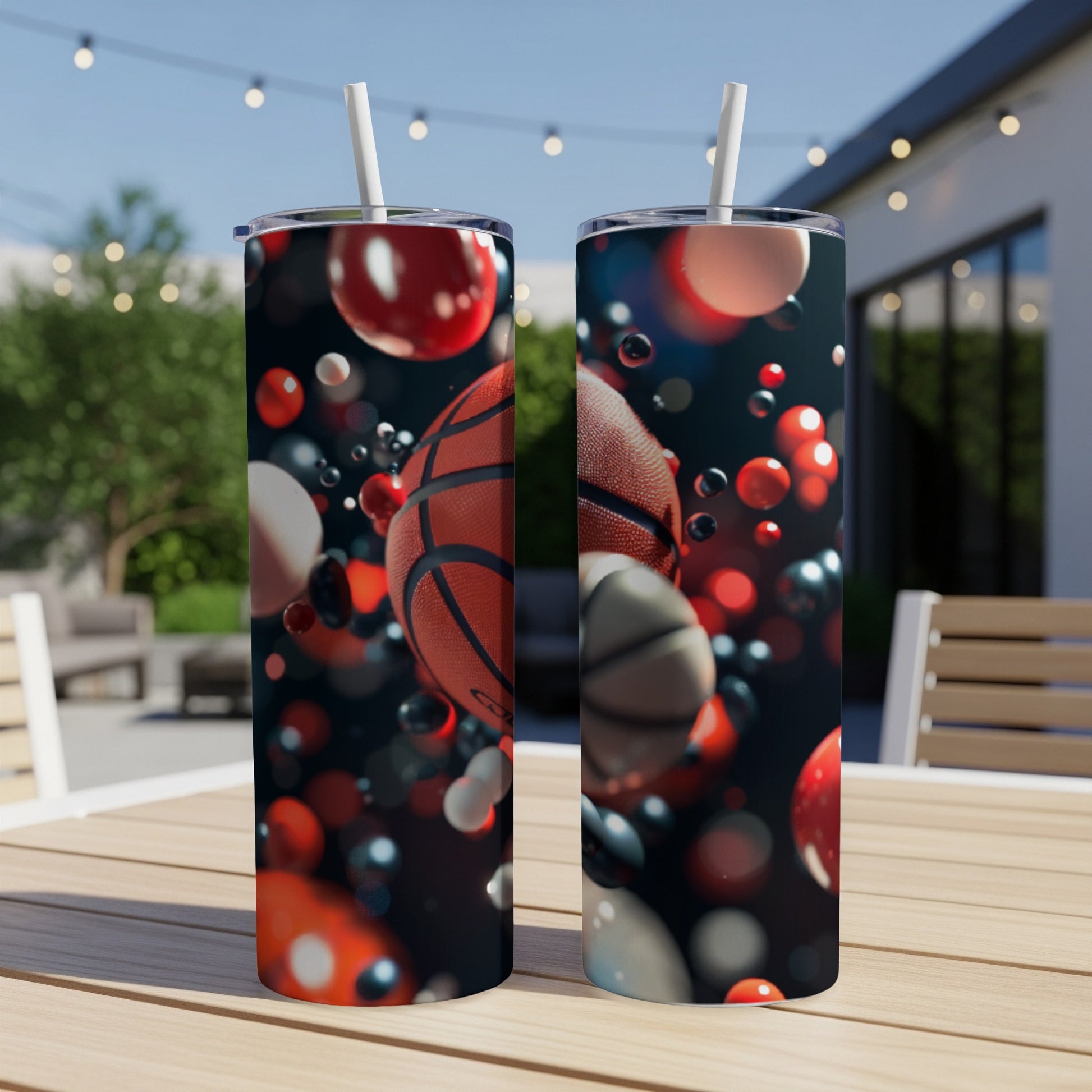 Two tumblers with a basketball and abstract spheres design.