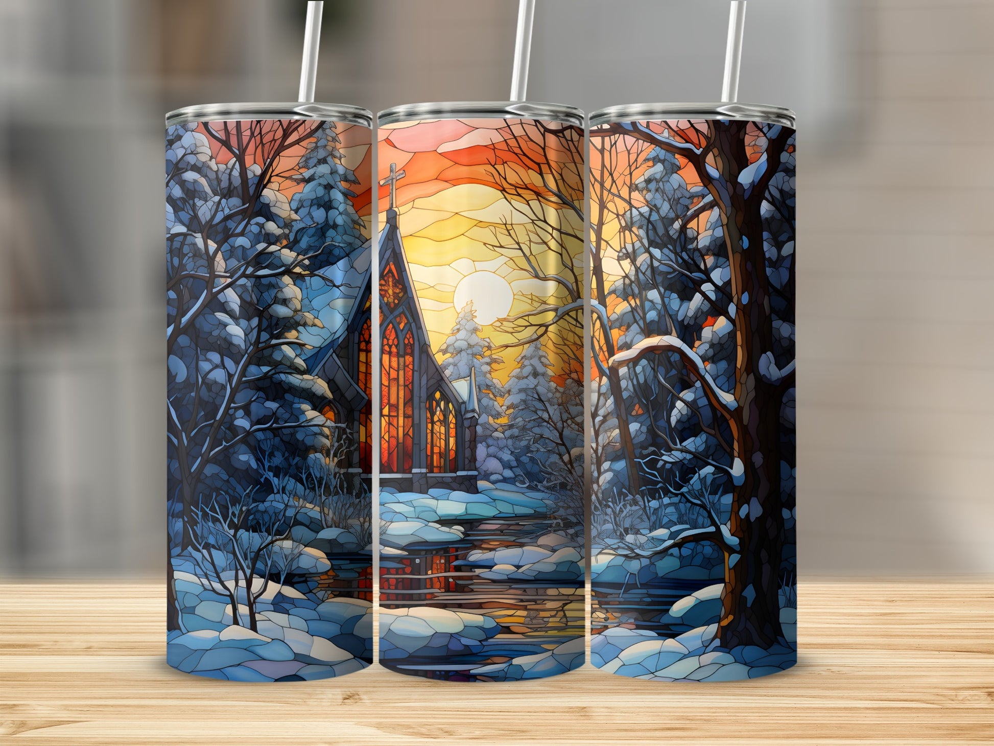 Winter stained glass art tumbler with church and snowy forest scene.